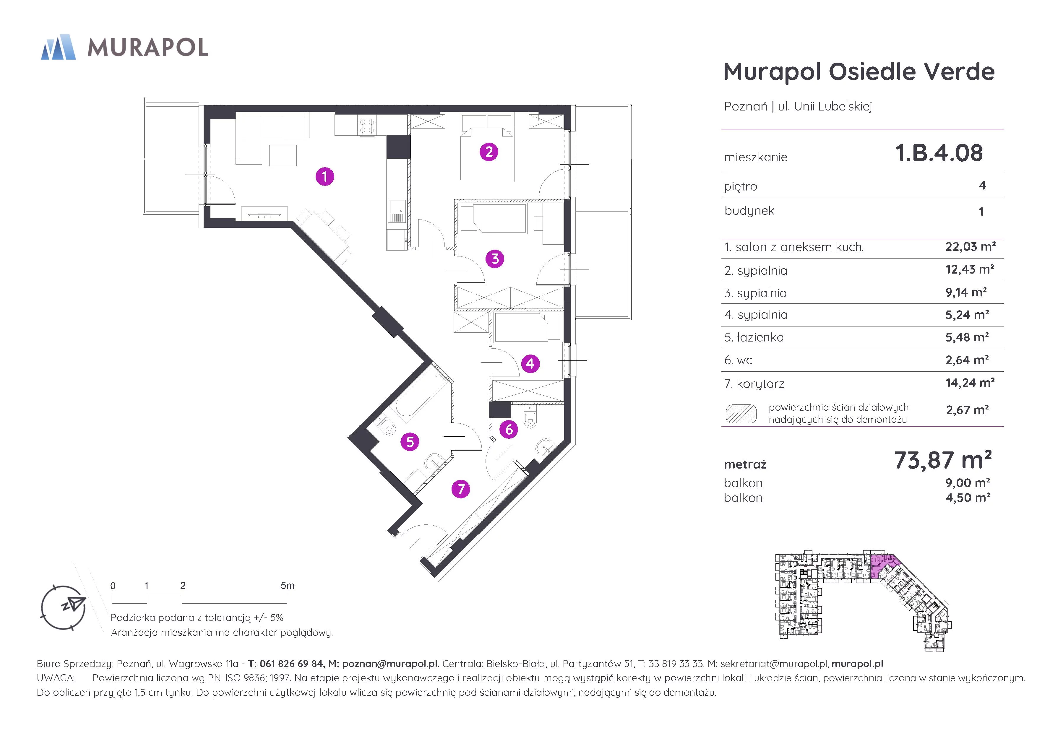 Mieszkanie 73,87 m², piętro 4, oferta nr 1.B.4.08, Murapol Osiedle Verde, Poznań, Żegrze, Starołęka, ul. Wagrowska