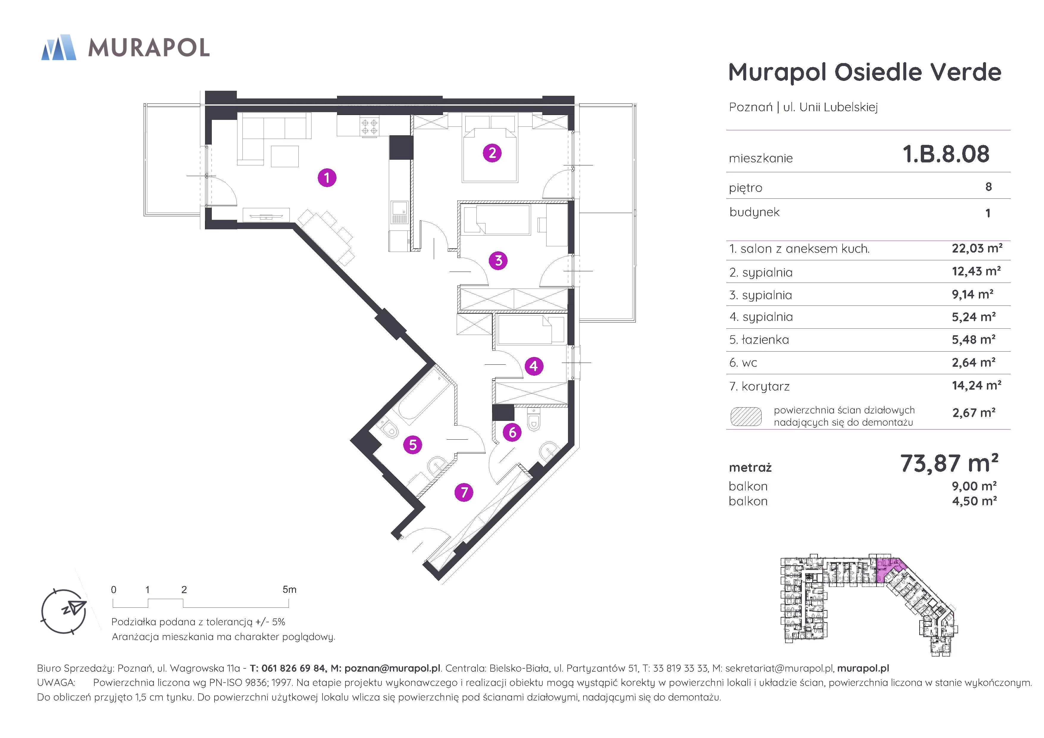 Mieszkanie 73,87 m², piętro 8, oferta nr 1.B.8.08, Murapol Osiedle Verde, Poznań, Żegrze, Starołęka, ul. Wagrowska