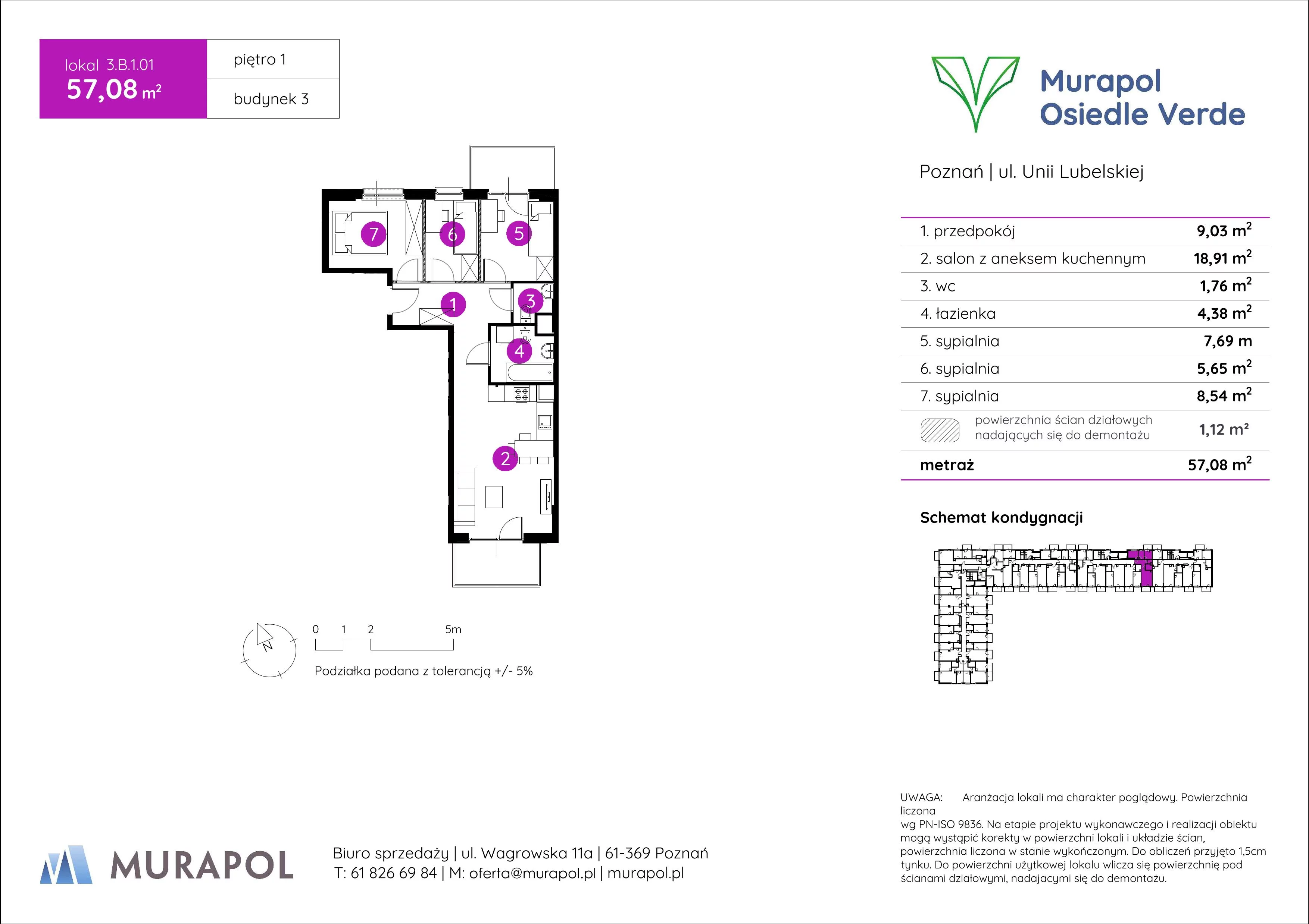 Mieszkanie 57,08 m², piętro 1, oferta nr 3.B.1.01, Murapol Osiedle Verde, Poznań, Żegrze, Starołęka, ul. Wagrowska