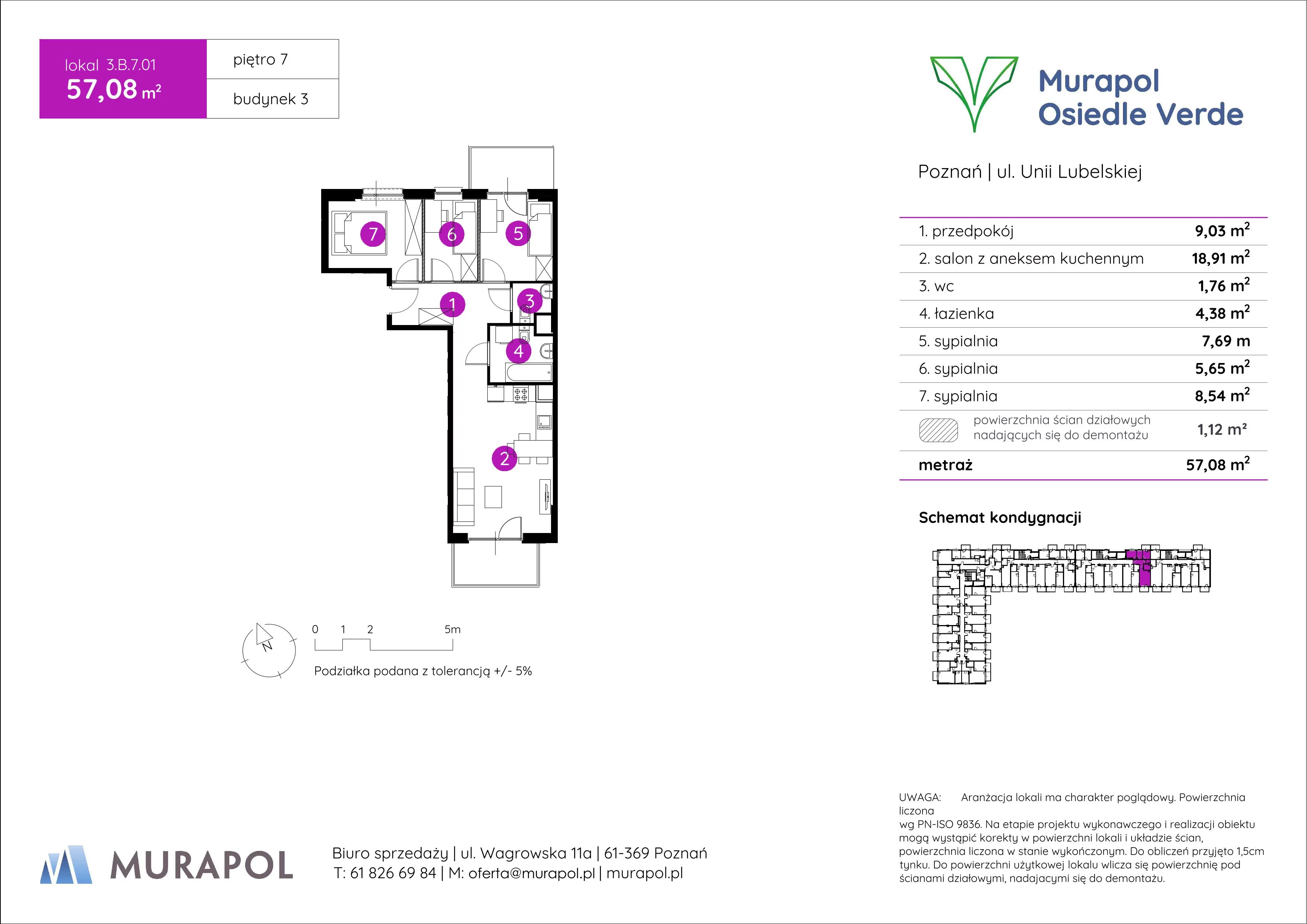 Mieszkanie 57,08 m², piętro 7, oferta nr 3.B.7.01, Murapol Osiedle Verde, Poznań, Żegrze, Starołęka, ul. Wagrowska