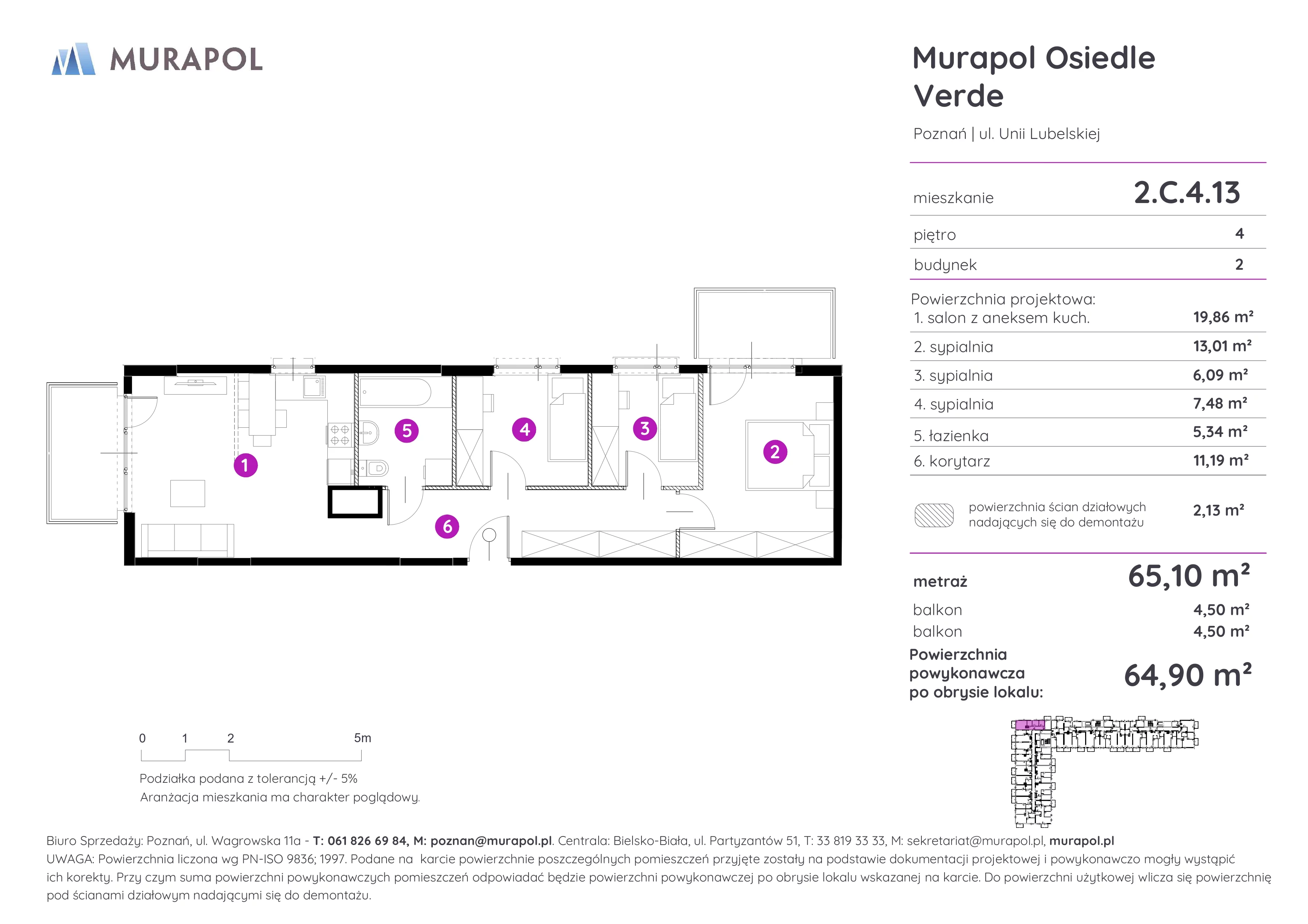 4 pokoje, mieszkanie 64,90 m², piętro 4, oferta nr 2.C.4.13, Murapol Osiedle Verde, Poznań, Żegrze, Starołęka, ul. Wagrowska