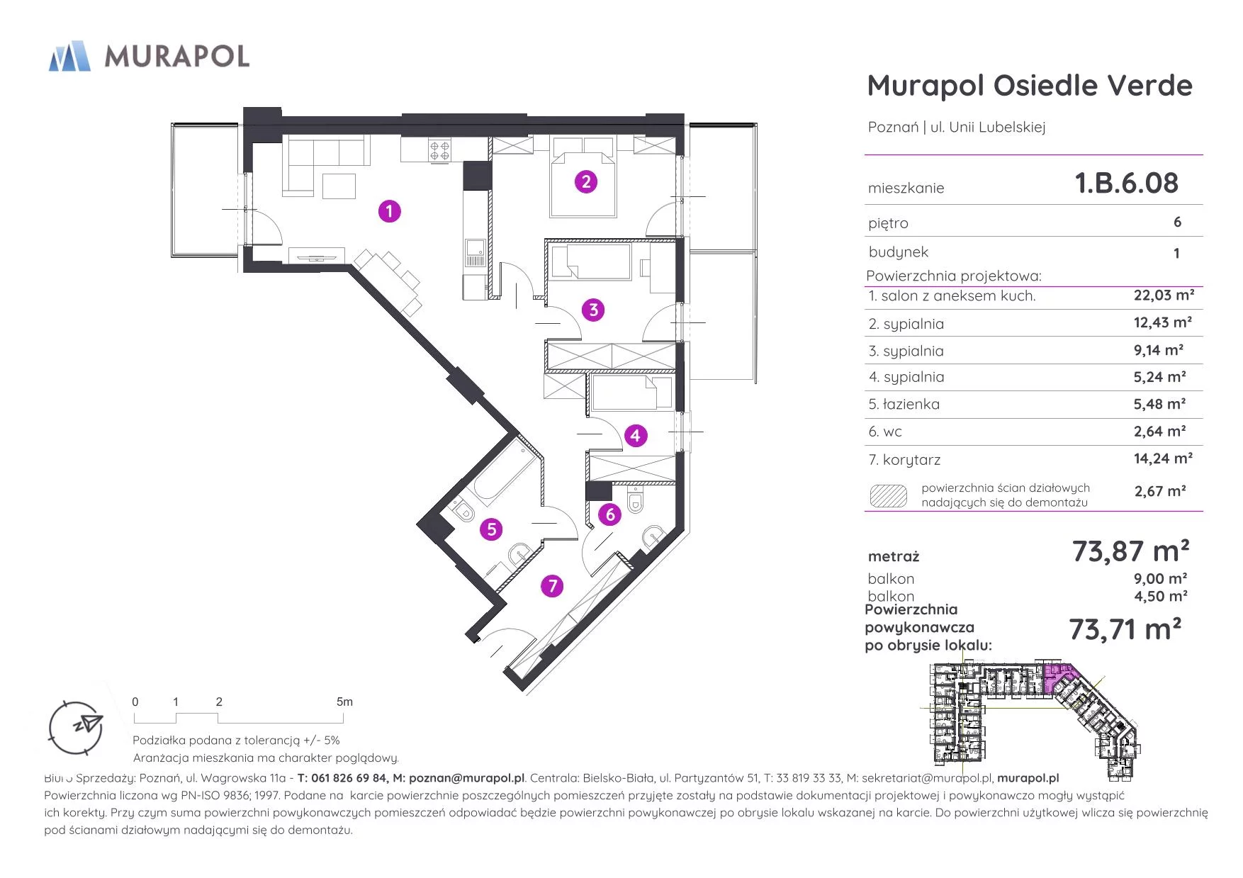 4 pokoje, mieszkanie 73,71 m², piętro 6, oferta nr 1.B.6.08, Murapol Osiedle Verde, Poznań, Żegrze, Starołęka, ul. Wagrowska