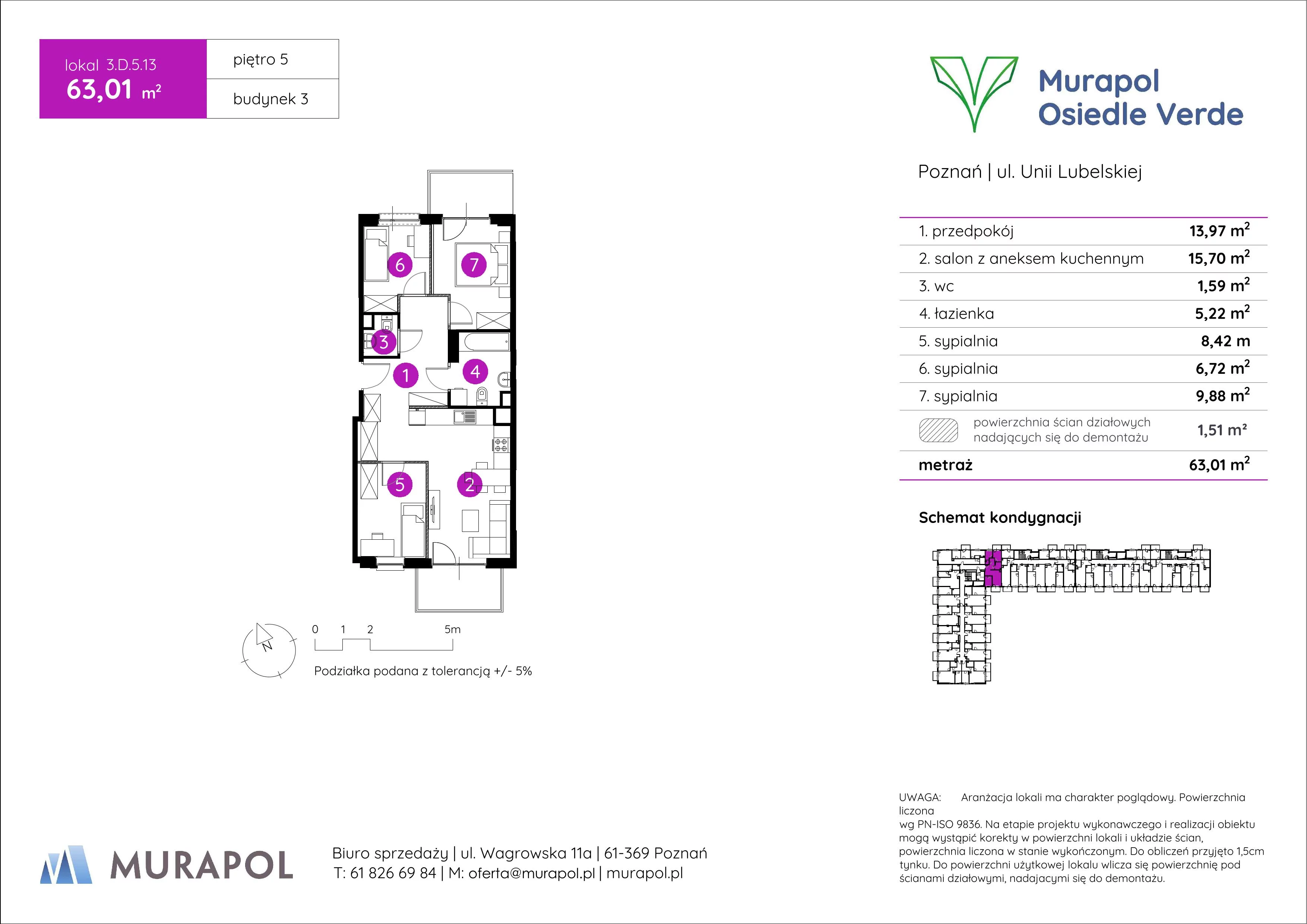 4 pokoje, mieszkanie 63,01 m², piętro 5, oferta nr 3.D.5.13, Murapol Osiedle Verde, Poznań, Żegrze, Starołęka, ul. Wagrowska