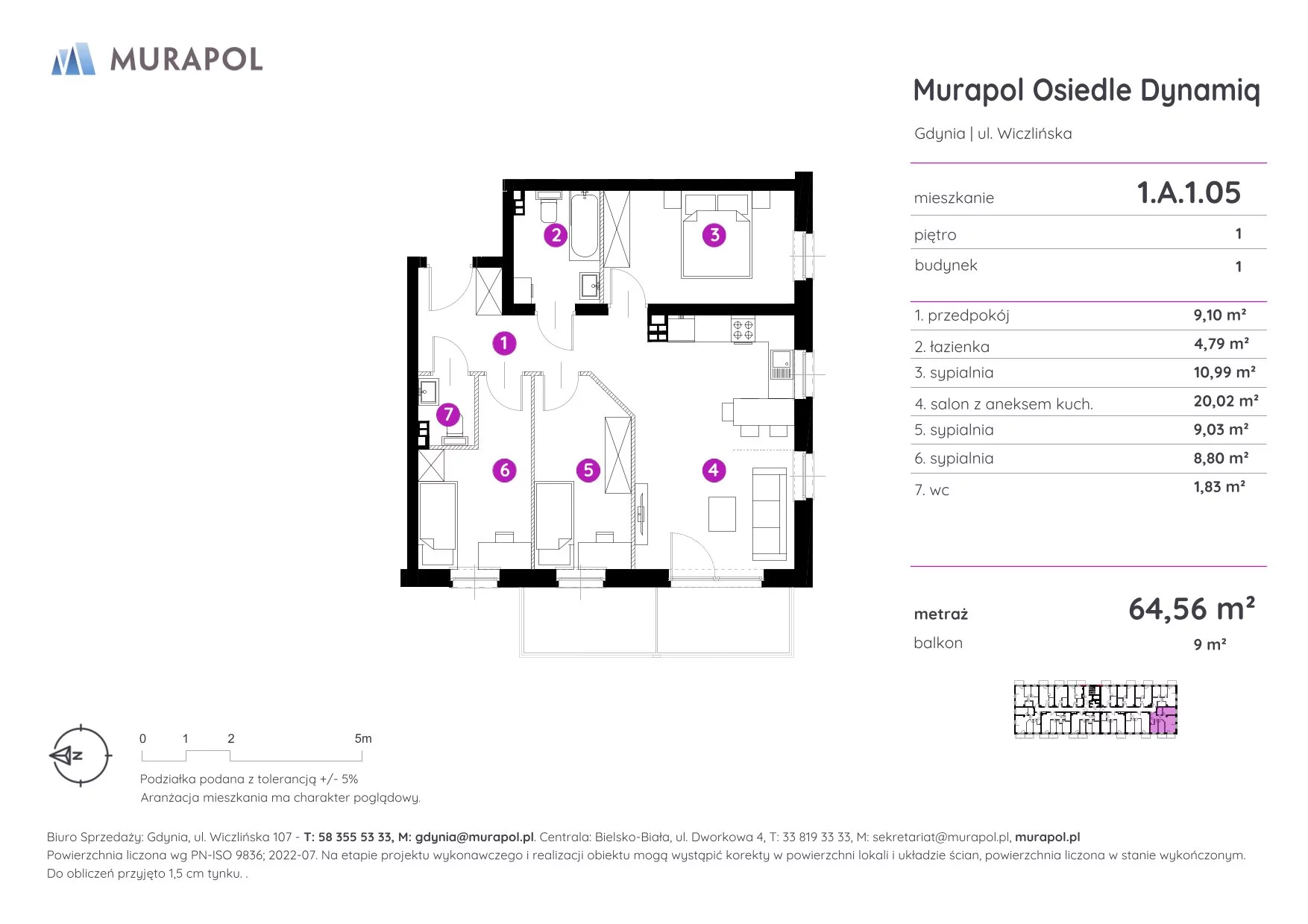 Mieszkanie 64,56 m², piętro 1, oferta nr 1.A.1.05, Murapol Osiedle Dynamiq, Gdynia, Chwarzno-Wiczlino, ul. Wiczlińska