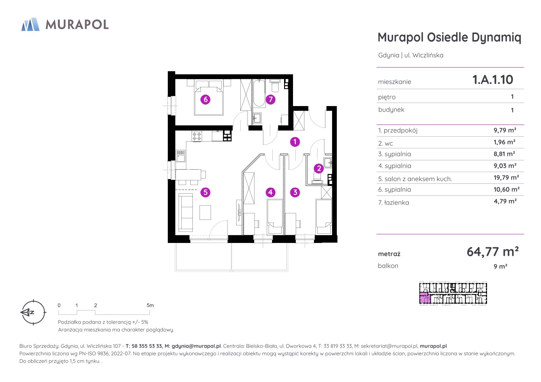 4 pokoje, mieszkanie 64,77 m², piętro 1, oferta nr 1.A.1.10, Murapol Osiedle Dynamiq, Gdynia, Chwarzno-Wiczlino, ul. Wiczlińska