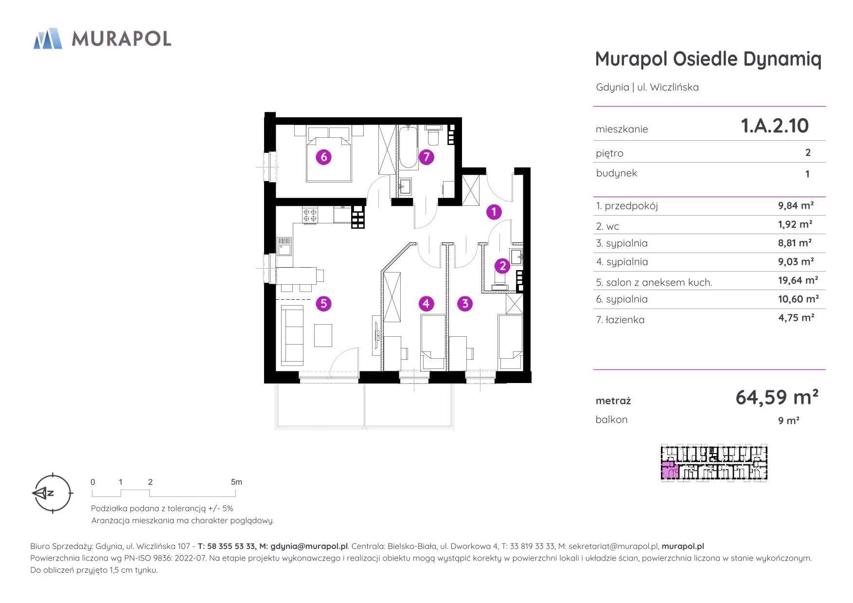 Mieszkanie 64,59 m², piętro 2, oferta nr 1.A.2.10, Murapol Osiedle Dynamiq, Gdynia, Chwarzno-Wiczlino, ul. Wiczlińska-idx