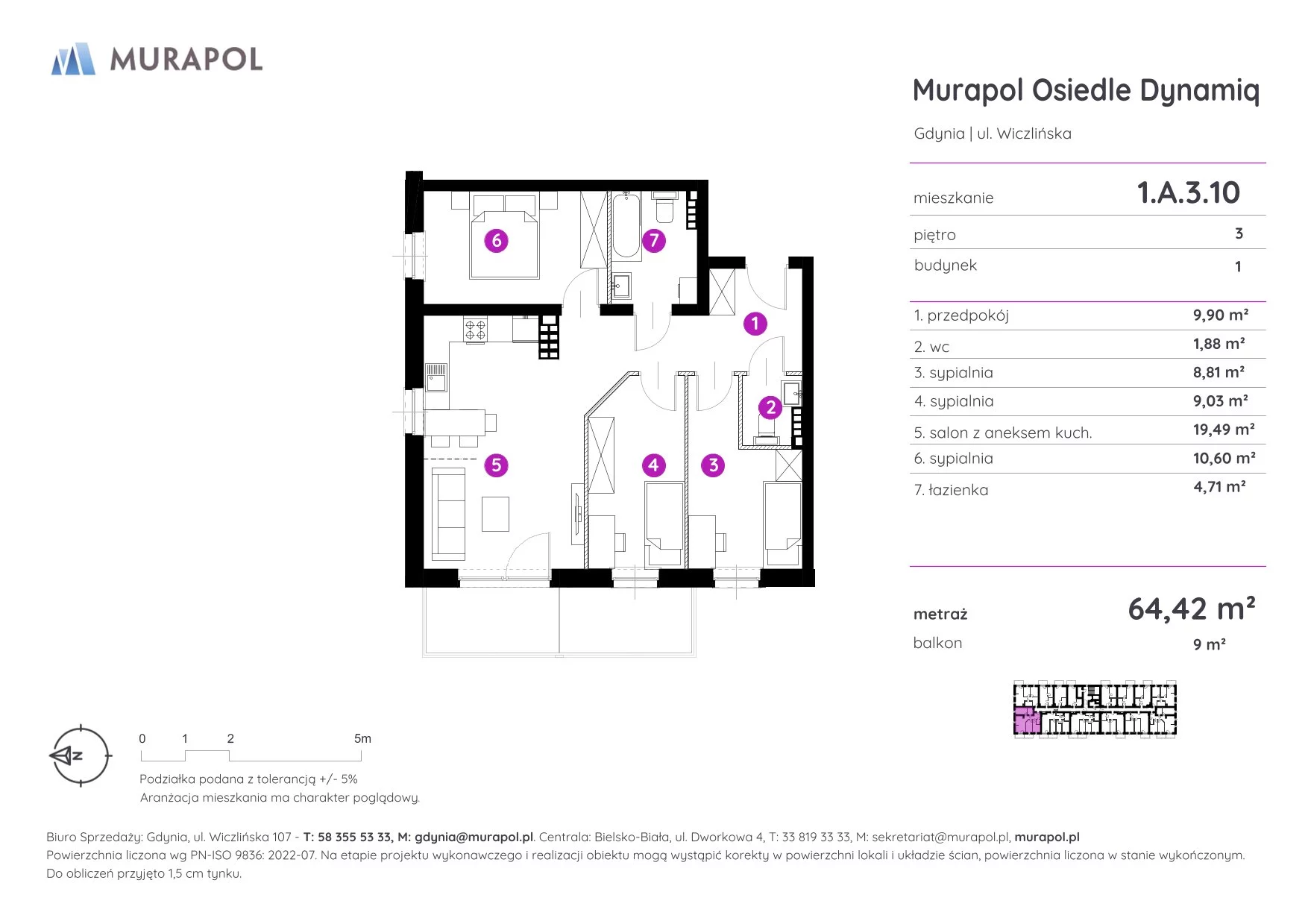 Mieszkanie 64,42 m², piętro 3, oferta nr 1.A.3.10, Murapol Osiedle Dynamiq, Gdynia, Chwarzno-Wiczlino, ul. Wiczlińska