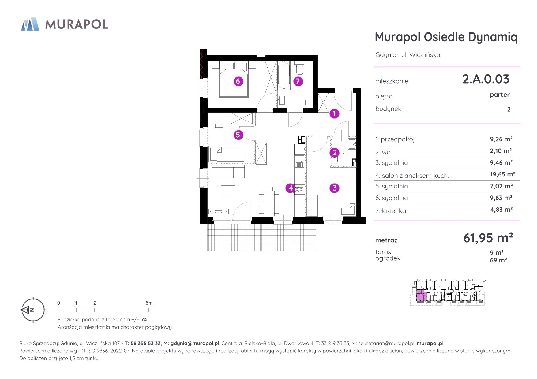 Mieszkanie 61,95 m², parter, oferta nr 2.A.0.03, Murapol Osiedle Dynamiq, Gdynia, Chwarzno-Wiczlino, ul. Wiczlińska