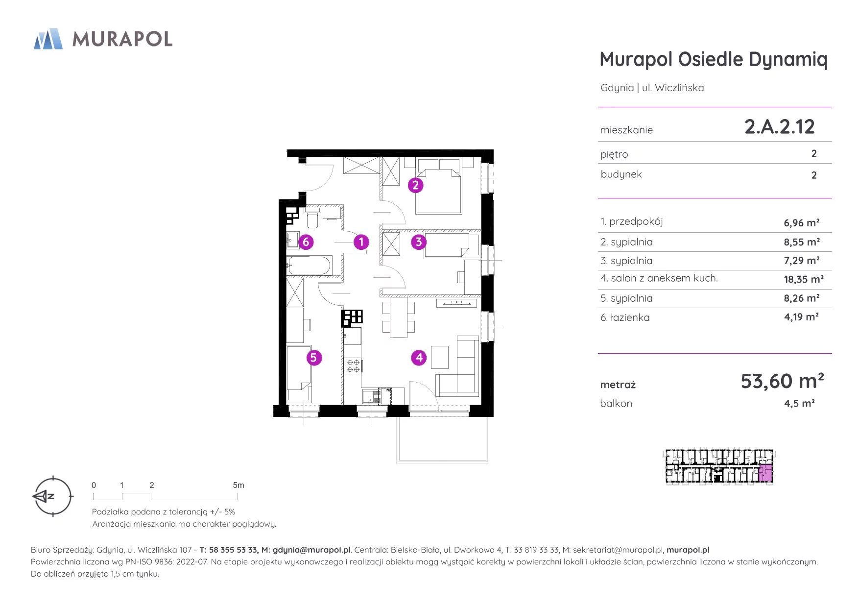 Mieszkanie 53,60 m², piętro 2, oferta nr 2.A.2.12, Murapol Osiedle Dynamiq, Gdynia, Chwarzno-Wiczlino, ul. Wiczlińska