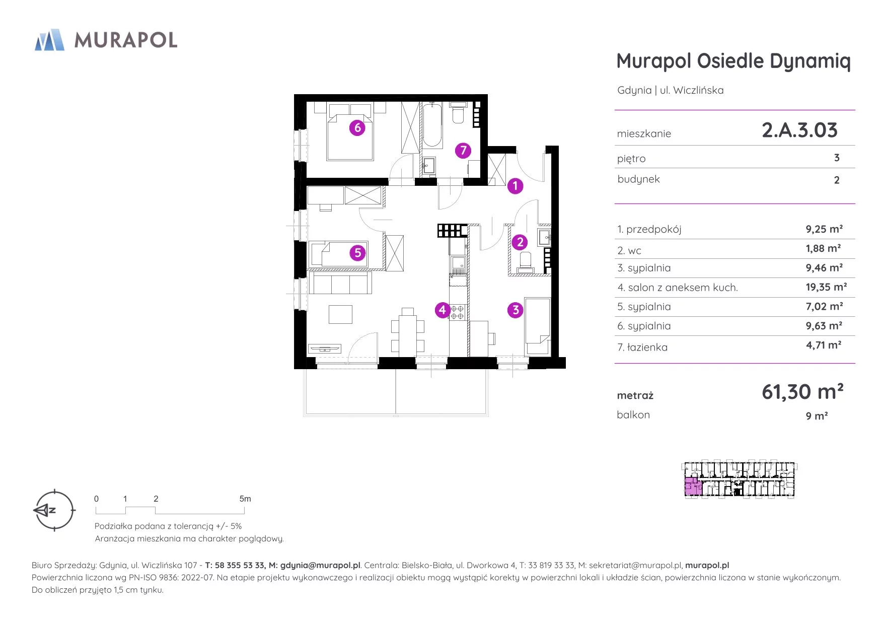 Mieszkanie 61,30 m², piętro 3, oferta nr 2.A.3.03, Murapol Osiedle Dynamiq, Gdynia, Chwarzno-Wiczlino, ul. Wiczlińska