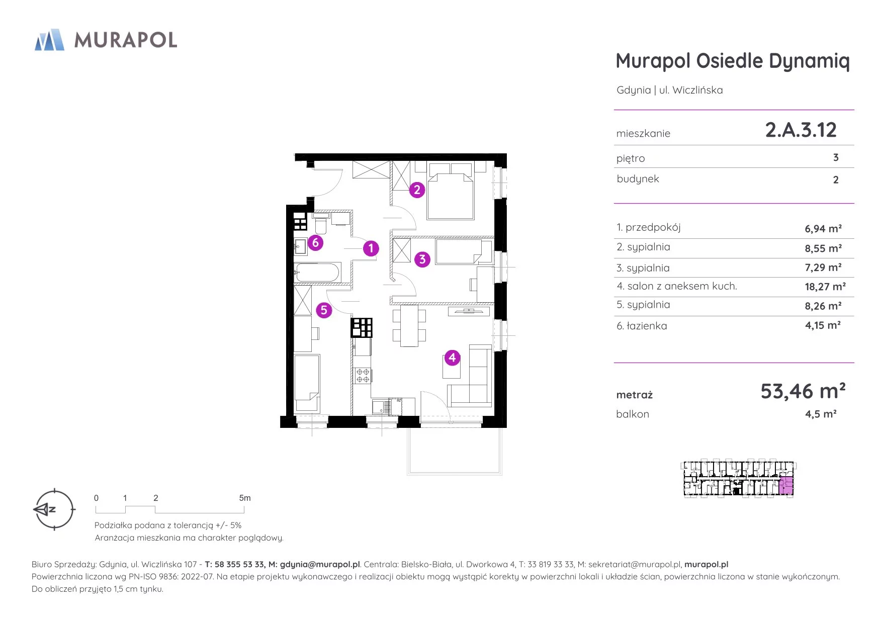 Mieszkanie 53,46 m², piętro 3, oferta nr 2.A.3.12, Murapol Osiedle Dynamiq, Gdynia, Chwarzno-Wiczlino, ul. Wiczlińska