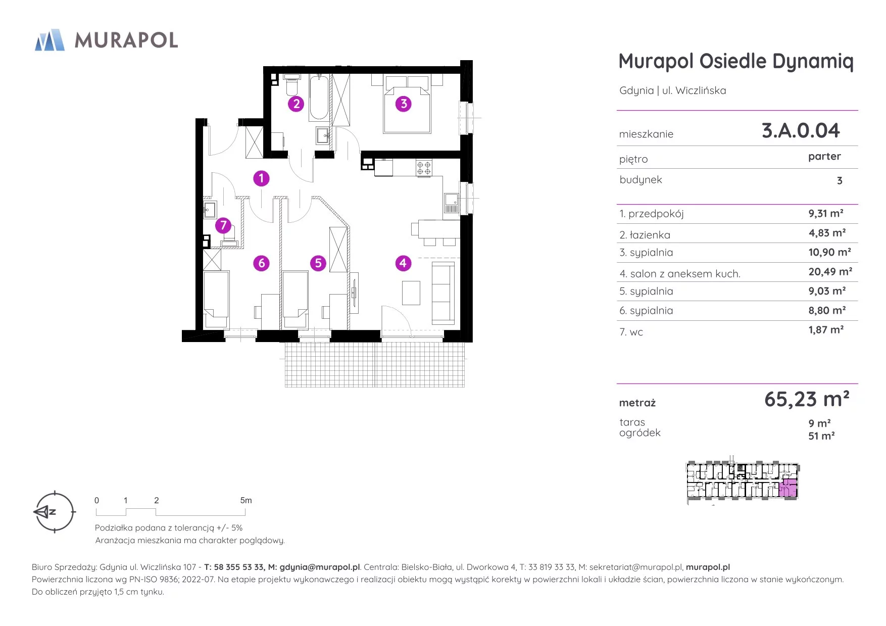 Mieszkanie 65,23 m², parter, oferta nr 3.A.0.04, Murapol Osiedle Dynamiq, Gdynia, Chwarzno-Wiczlino, ul. Wiczlińska