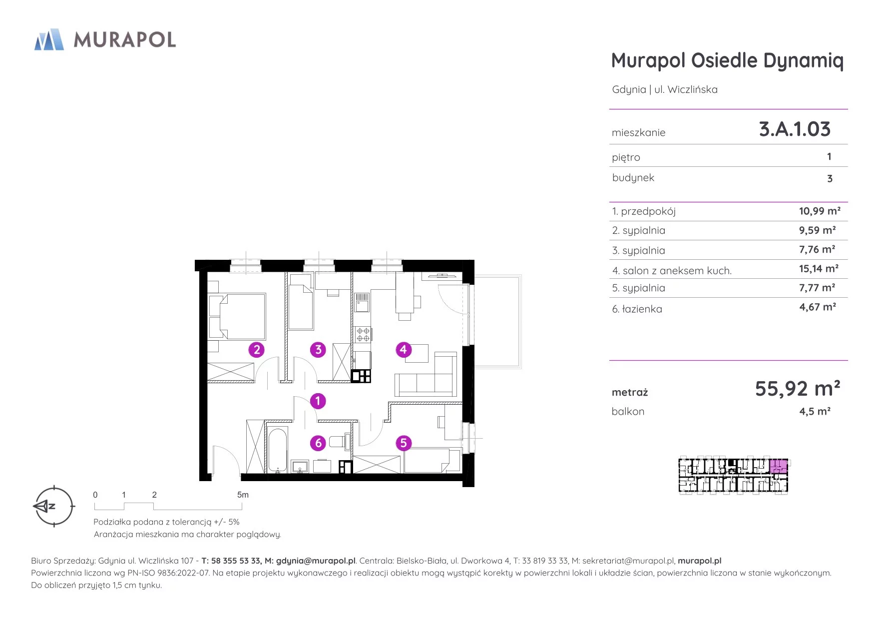 Mieszkanie 55,92 m², piętro 1, oferta nr 3.A.1.03, Murapol Osiedle Dynamiq, Gdynia, Chwarzno-Wiczlino, ul. Wiczlińska