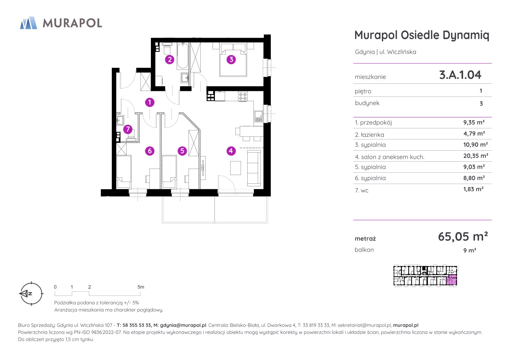 Mieszkanie 65,05 m², piętro 1, oferta nr 3.A.1.04, Murapol Osiedle Dynamiq, Gdynia, Chwarzno-Wiczlino, ul. Wiczlińska