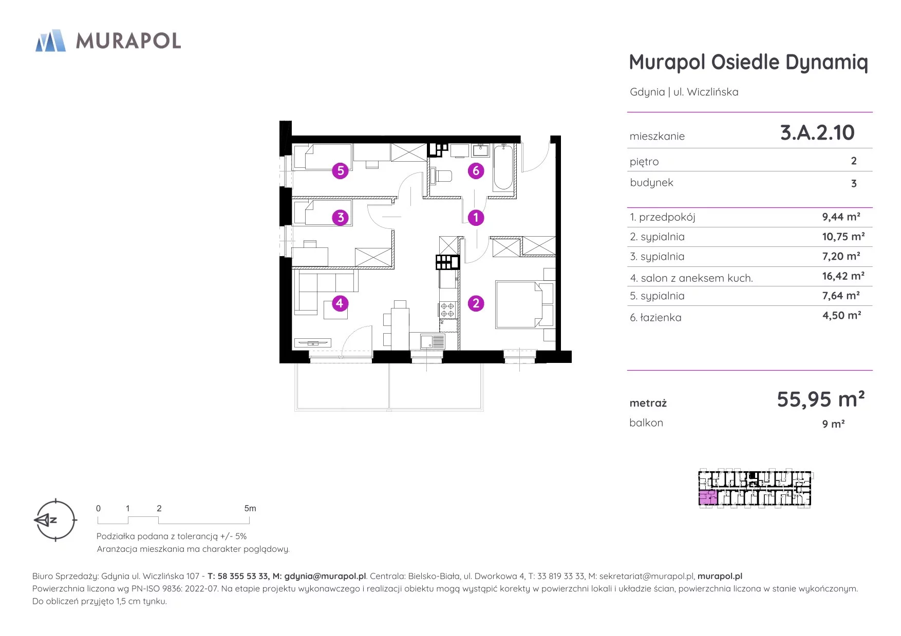 Mieszkanie 55,95 m², piętro 2, oferta nr 3.A.2.10, Murapol Osiedle Dynamiq, Gdynia, Chwarzno-Wiczlino, ul. Wiczlińska