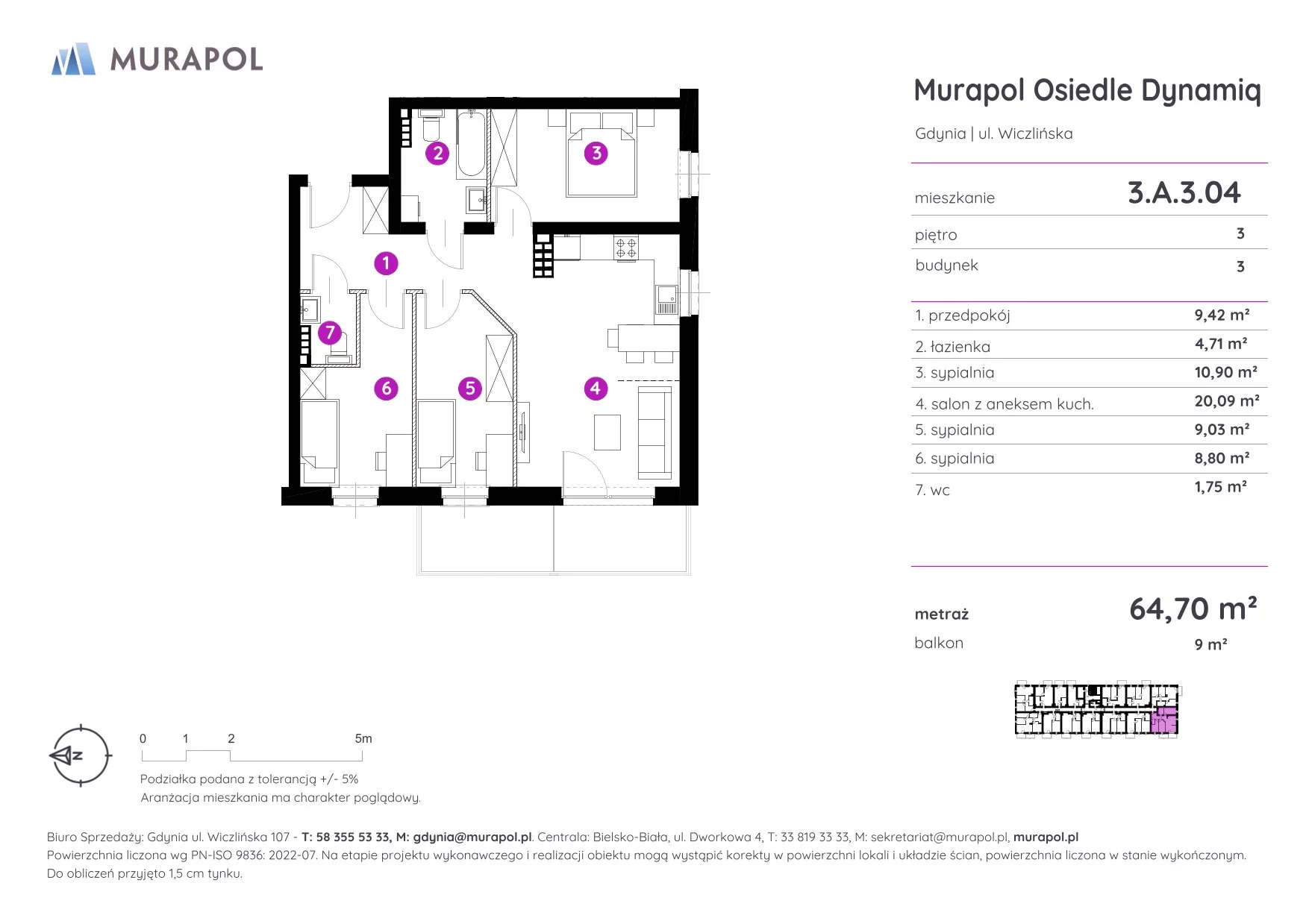 Mieszkanie 64,70 m², piętro 3, oferta nr 3.A.3.04, Murapol Osiedle Dynamiq, Gdynia, Chwarzno-Wiczlino, ul. Wiczlińska