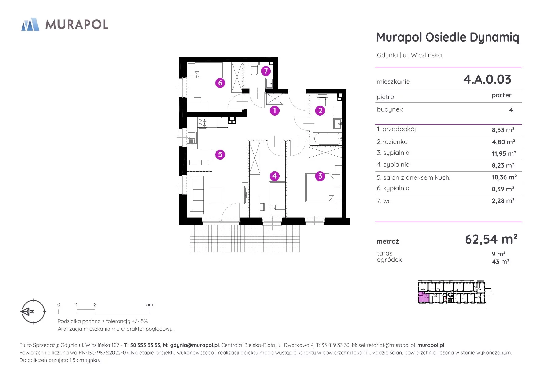 Mieszkanie 62,54 m², parter, oferta nr 4.A.0.03, Murapol Osiedle Dynamiq, Gdynia, Chwarzno-Wiczlino, ul. Wiczlińska