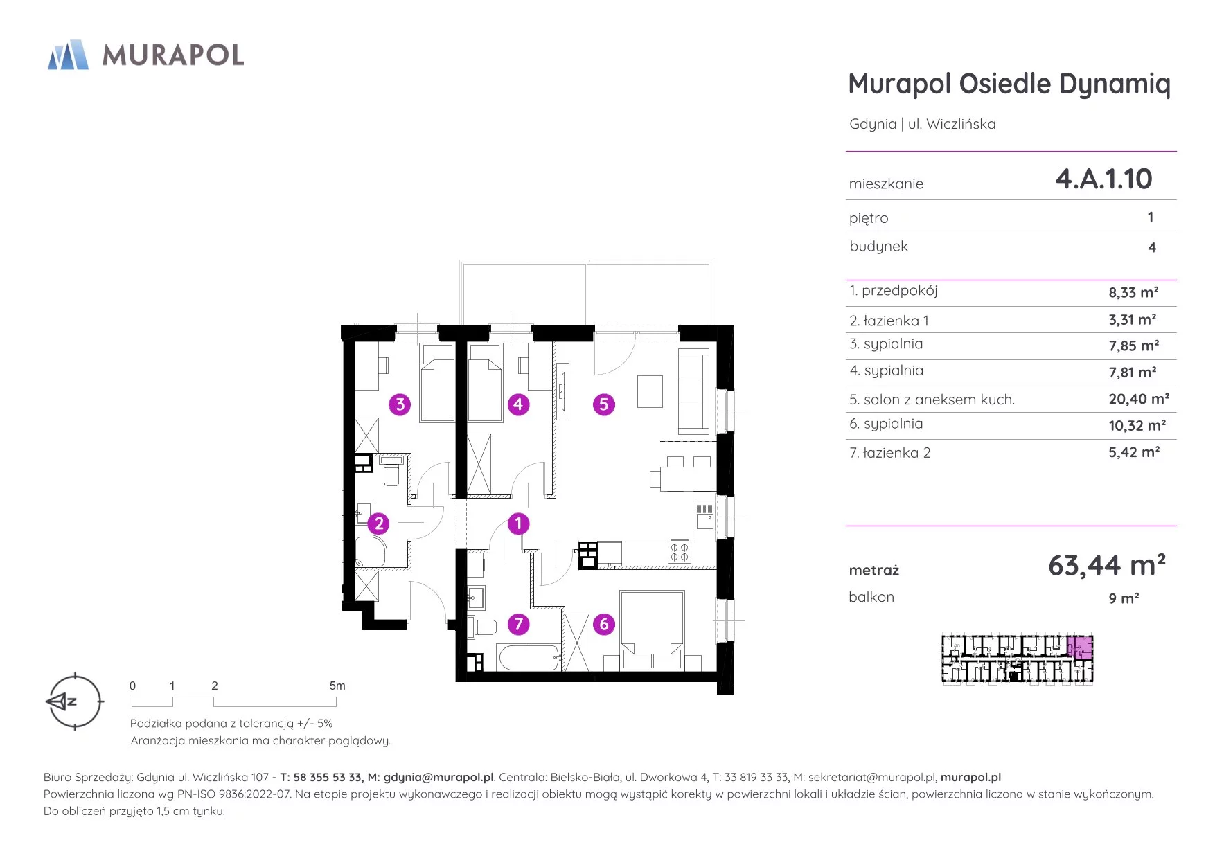 4 pokoje, mieszkanie 63,44 m², piętro 1, oferta nr 4.A.1.10, Murapol Osiedle Dynamiq, Gdynia, Chwarzno-Wiczlino, ul. Wiczlińska