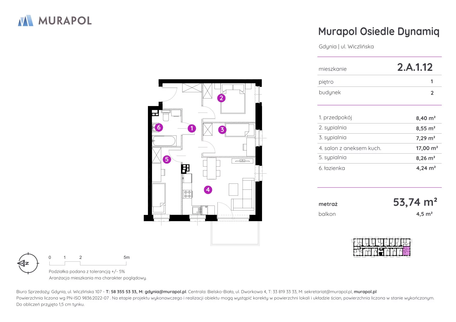 4 pokoje, mieszkanie 53,74 m², piętro 1, oferta nr 2.A.1.12, Murapol Osiedle Dynamiq, Gdynia, Chwarzno-Wiczlino, ul. Wiczlińska