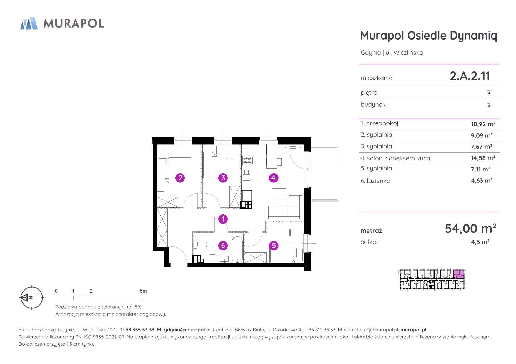 4 pokoje, mieszkanie 54,00 m², piętro 2, oferta nr 2.A.2.11, Murapol Osiedle Dynamiq, Gdynia, Chwarzno-Wiczlino, ul. Wiczlińska