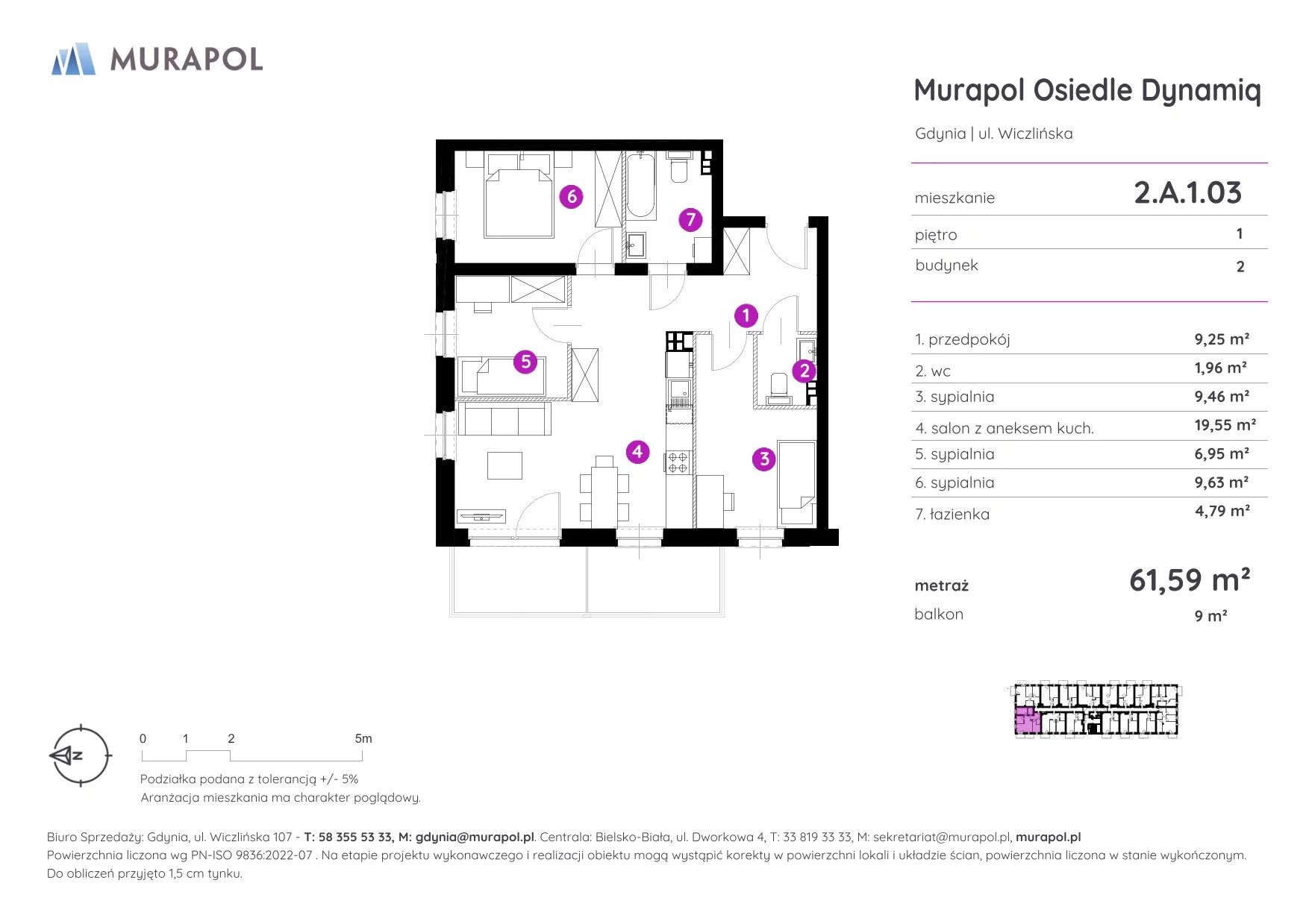 4 pokoje, mieszkanie 61,59 m², piętro 1, oferta nr 2.A.1.03, Murapol Osiedle Dynamiq, Gdynia, Chwarzno-Wiczlino, ul. Wiczlińska