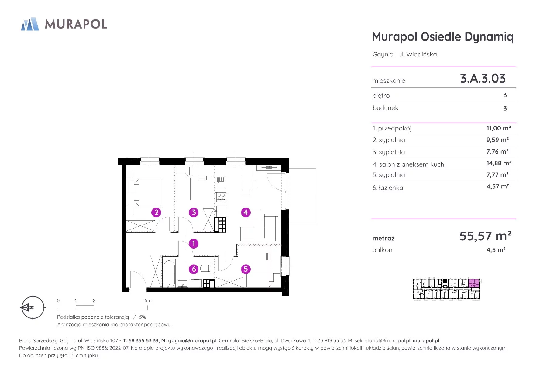 4 pokoje, mieszkanie 55,57 m², piętro 3, oferta nr 3.A.3.03, Murapol Osiedle Dynamiq, Gdynia, Chwarzno-Wiczlino, ul. Wiczlińska