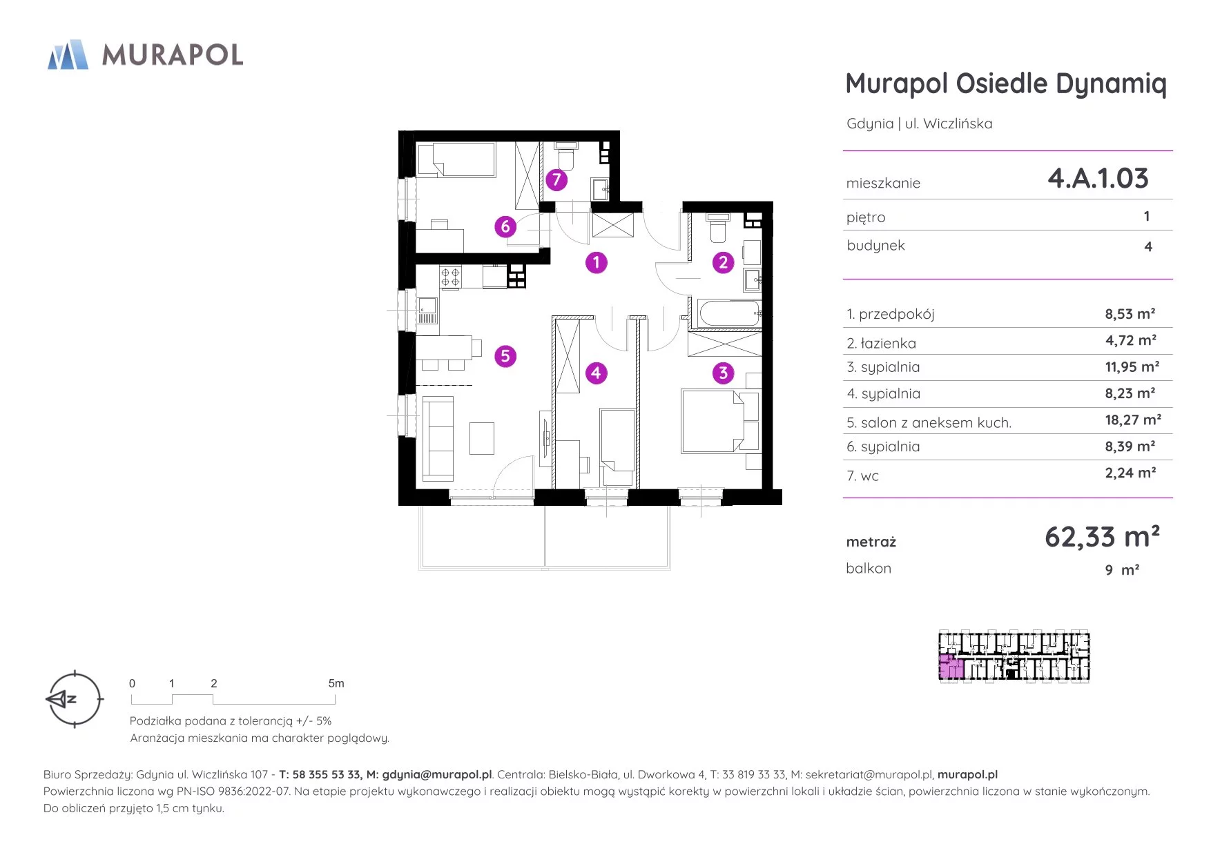 4 pokoje, mieszkanie 62,33 m², piętro 1, oferta nr 4.A.1.03, Murapol Osiedle Dynamiq, Gdynia, Chwarzno-Wiczlino, ul. Wiczlińska