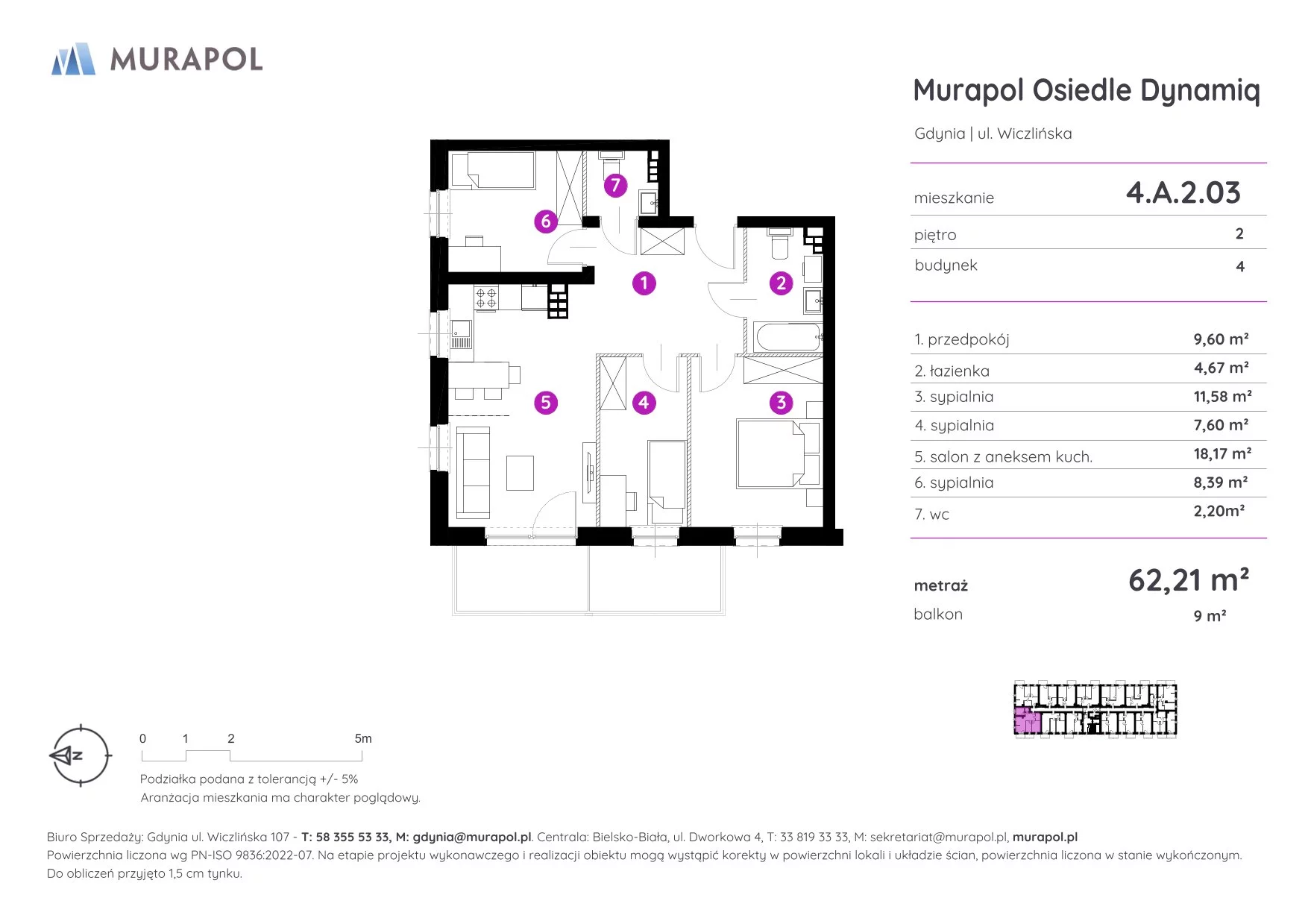 4 pokoje, mieszkanie 62,21 m², piętro 2, oferta nr 4.A.2.03, Murapol Osiedle Dynamiq, Gdynia, Chwarzno-Wiczlino, ul. Wiczlińska