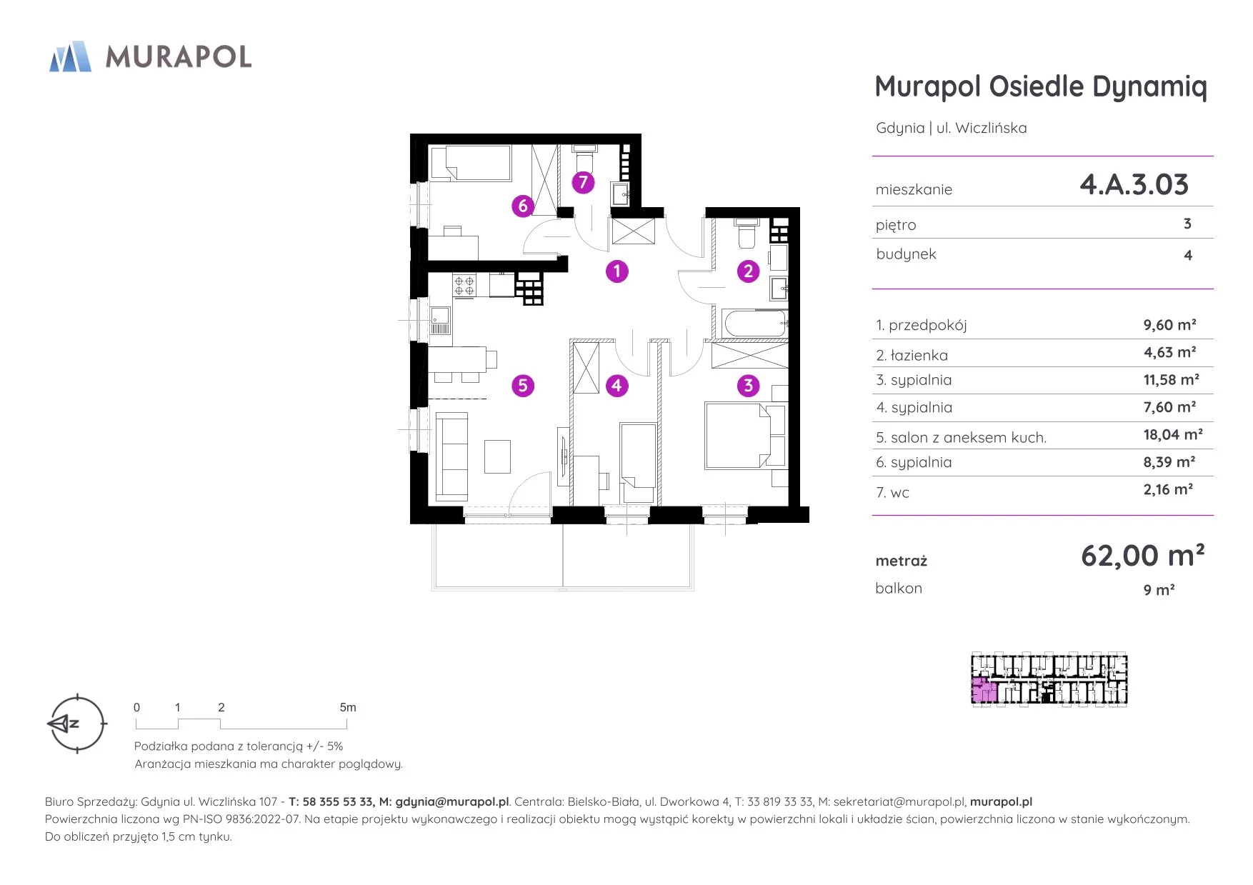 4 pokoje, mieszkanie 62,00 m², piętro 3, oferta nr 4.A.3.03, Murapol Osiedle Dynamiq, Gdynia, Chwarzno-Wiczlino, ul. Wiczlińska