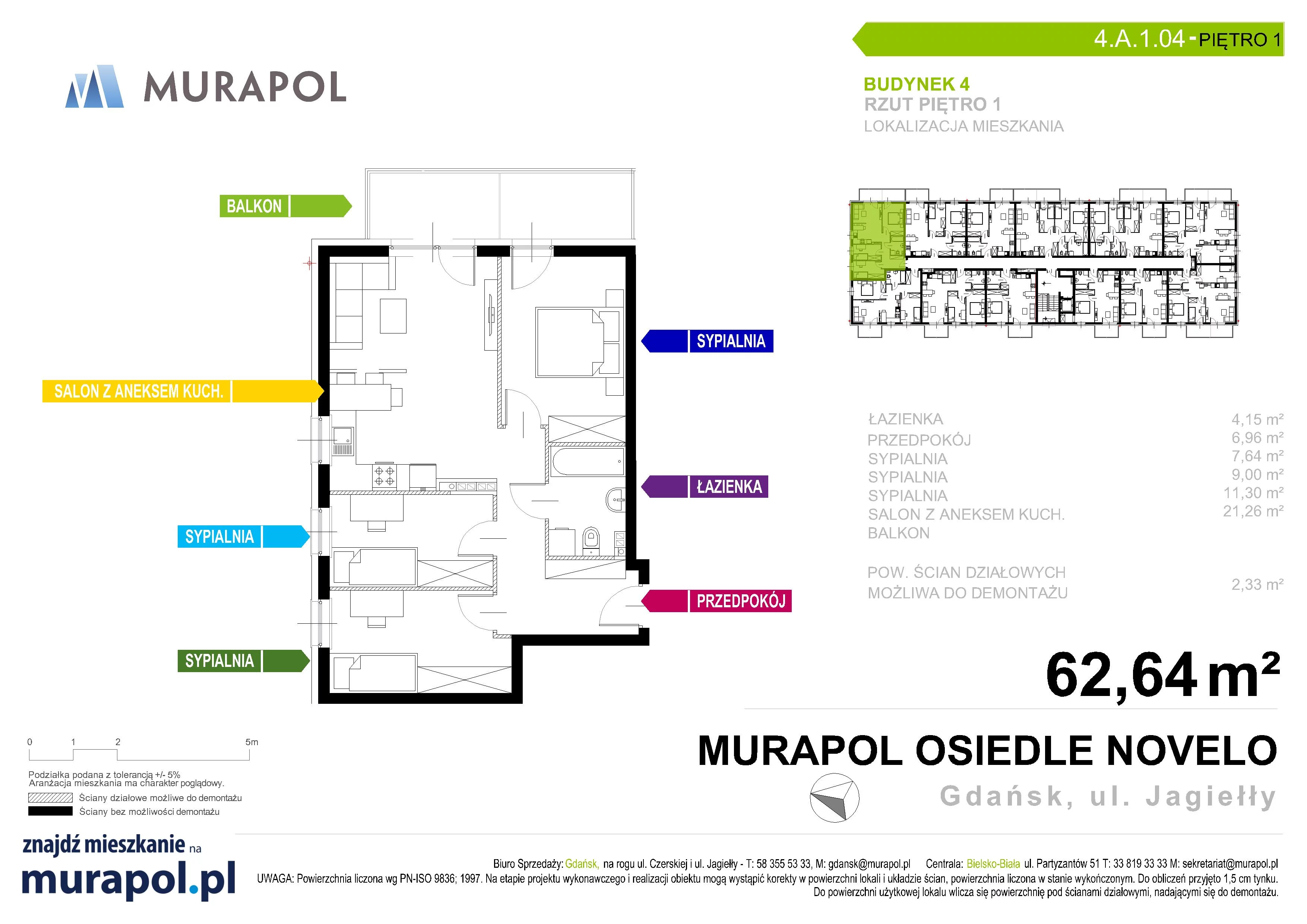 Mieszkanie 62,64 m², piętro 1, oferta nr 4.A.1.04, Murapol Osiedle Novelo, Gdańsk, Orunia Górna-Gdańsk Południe, Gdańsk-Południe, ul. Władysława Jagiełły