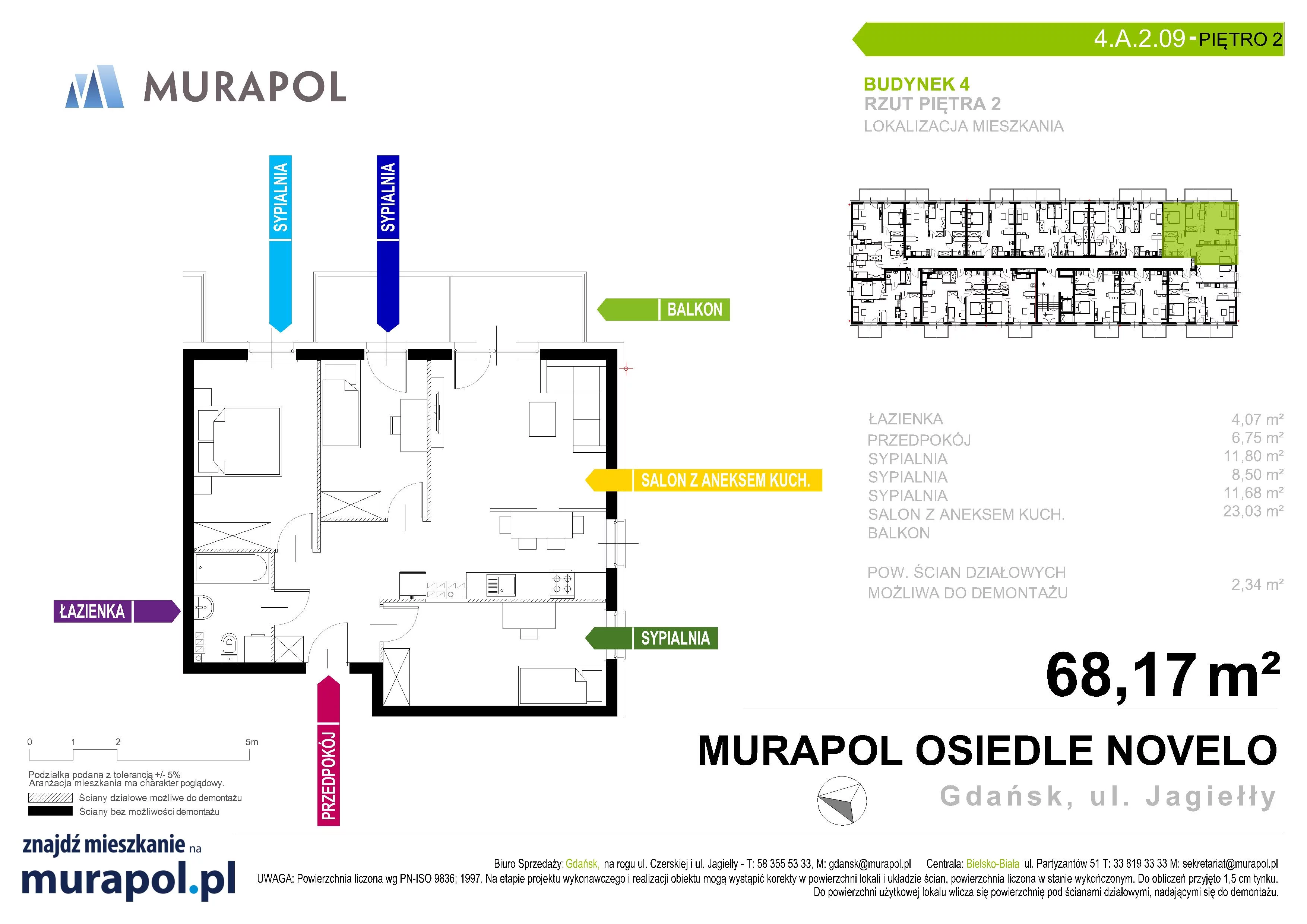 Mieszkanie 68,17 m², piętro 2, oferta nr 4.A.2.09, Murapol Osiedle Novelo, Gdańsk, Orunia Górna-Gdańsk Południe, Gdańsk-Południe, ul. Władysława Jagiełły