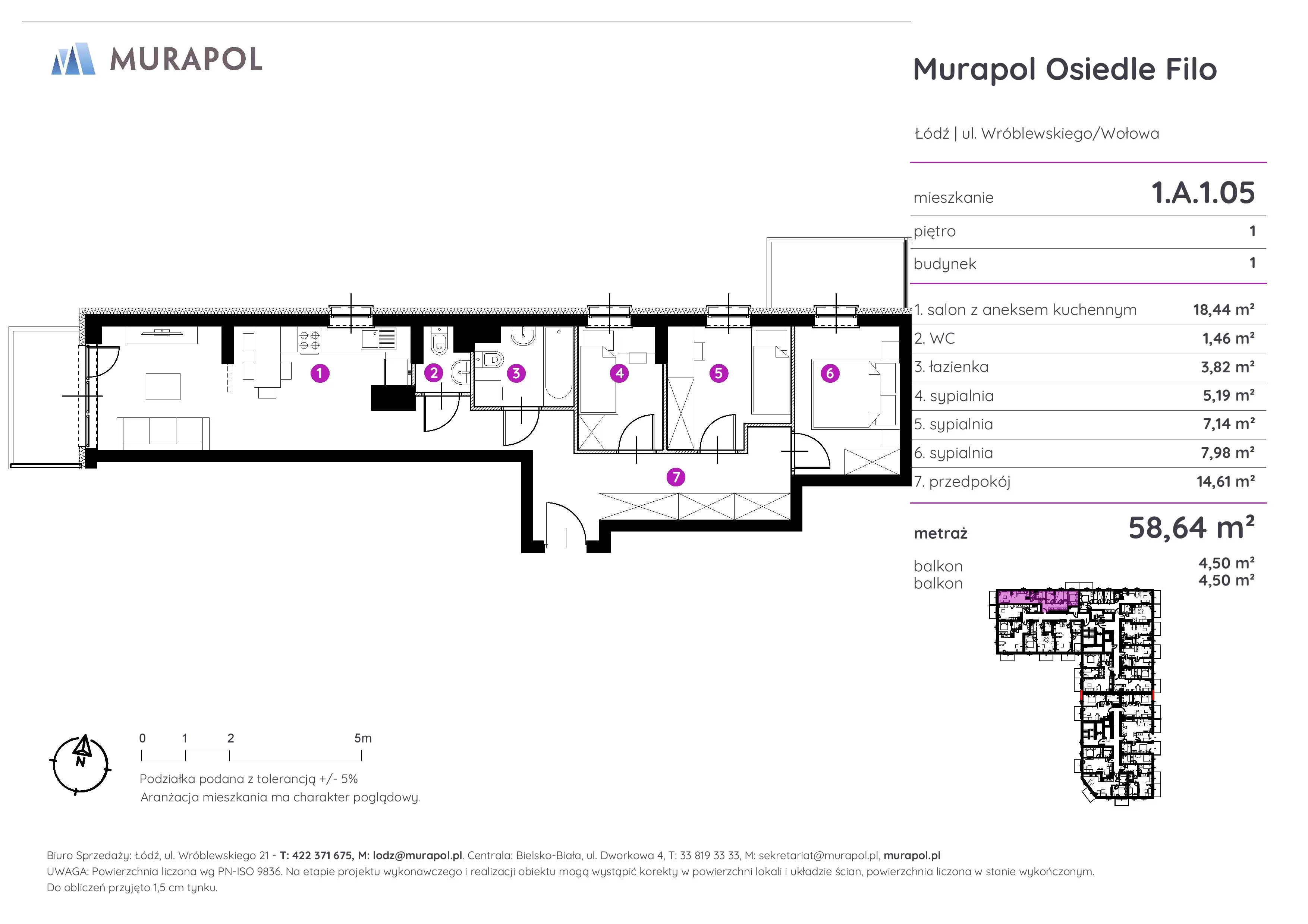 Mieszkanie 58,64 m², piętro 1, oferta nr 1.A.1.05, Murapol Osiedle Filo, Łódź, Polesie, Stare Polesie, ul. Wołowa