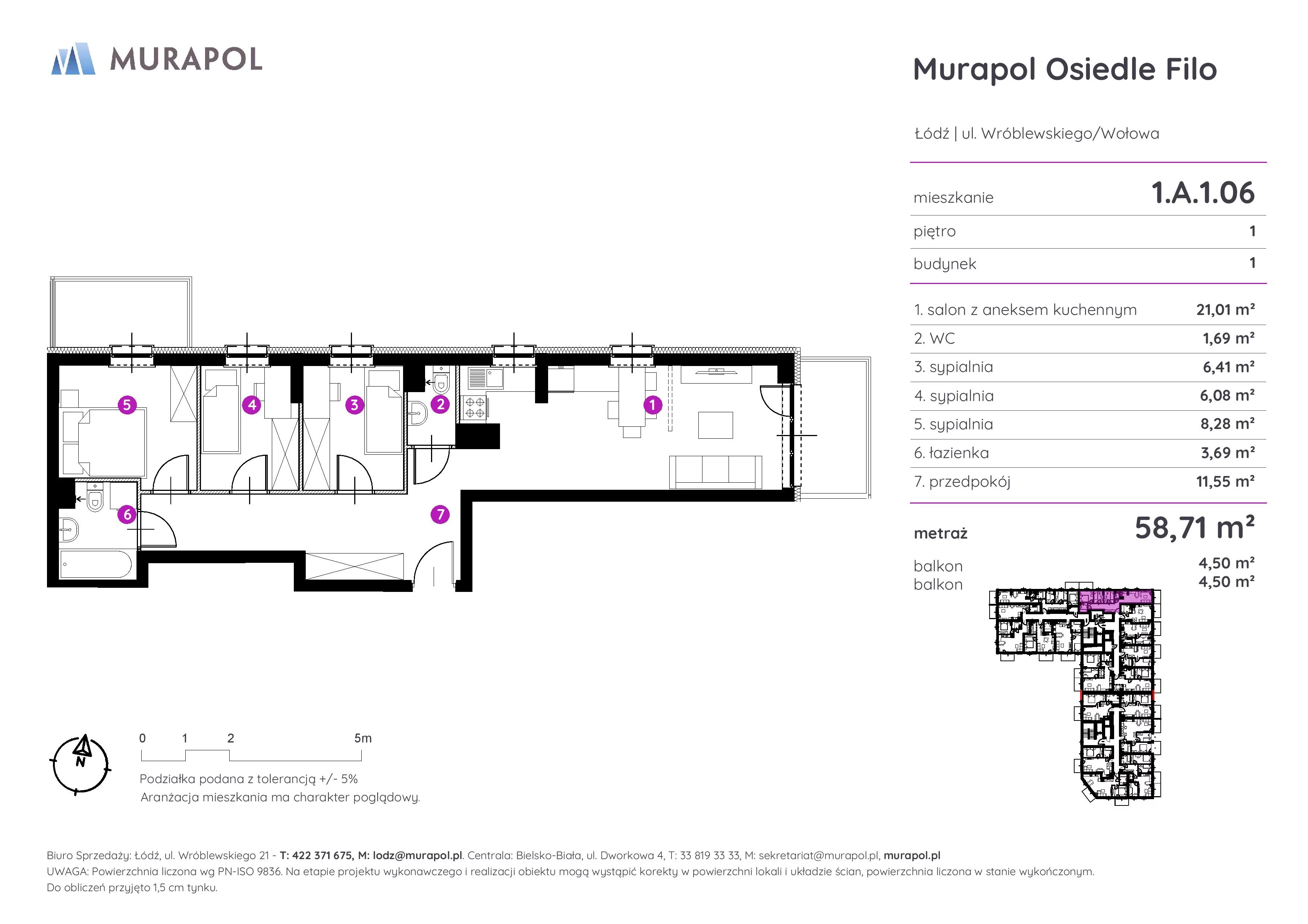 Mieszkanie 58,71 m², piętro 1, oferta nr 1.A.1.06, Murapol Osiedle Filo, Łódź, Polesie, Stare Polesie, ul. Wołowa