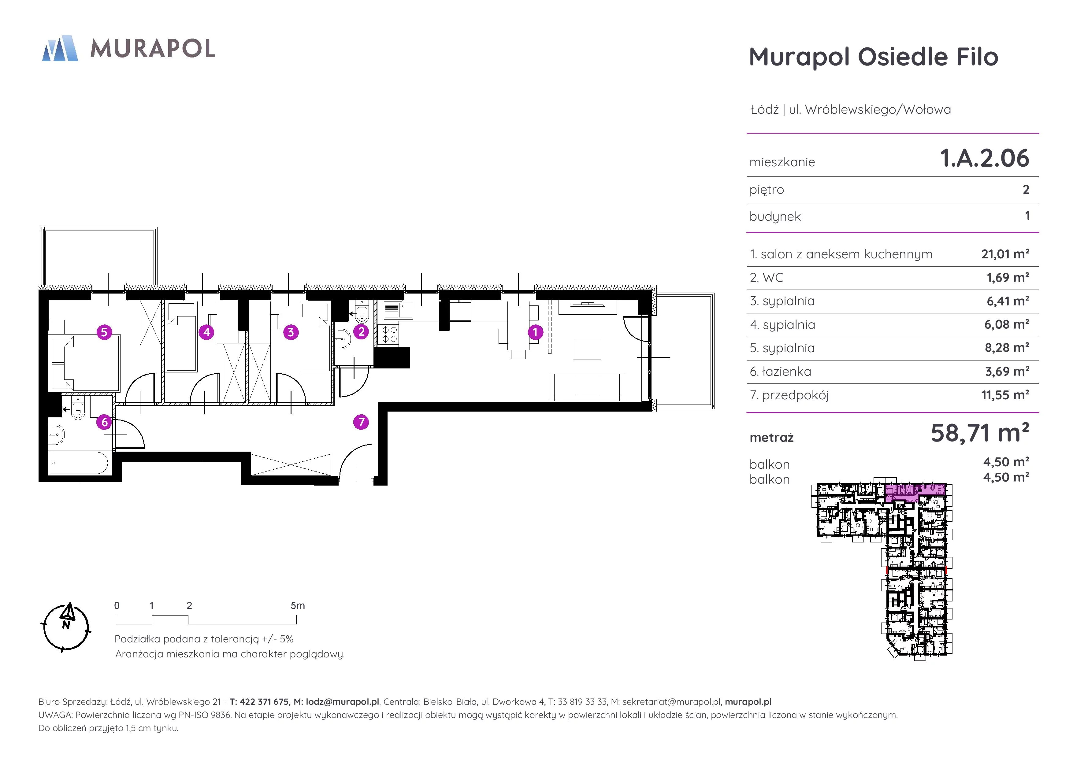 Mieszkanie 58,71 m², piętro 2, oferta nr 1.A.2.06, Murapol Osiedle Filo, Łódź, Polesie, Stare Polesie, ul. Wołowa-idx