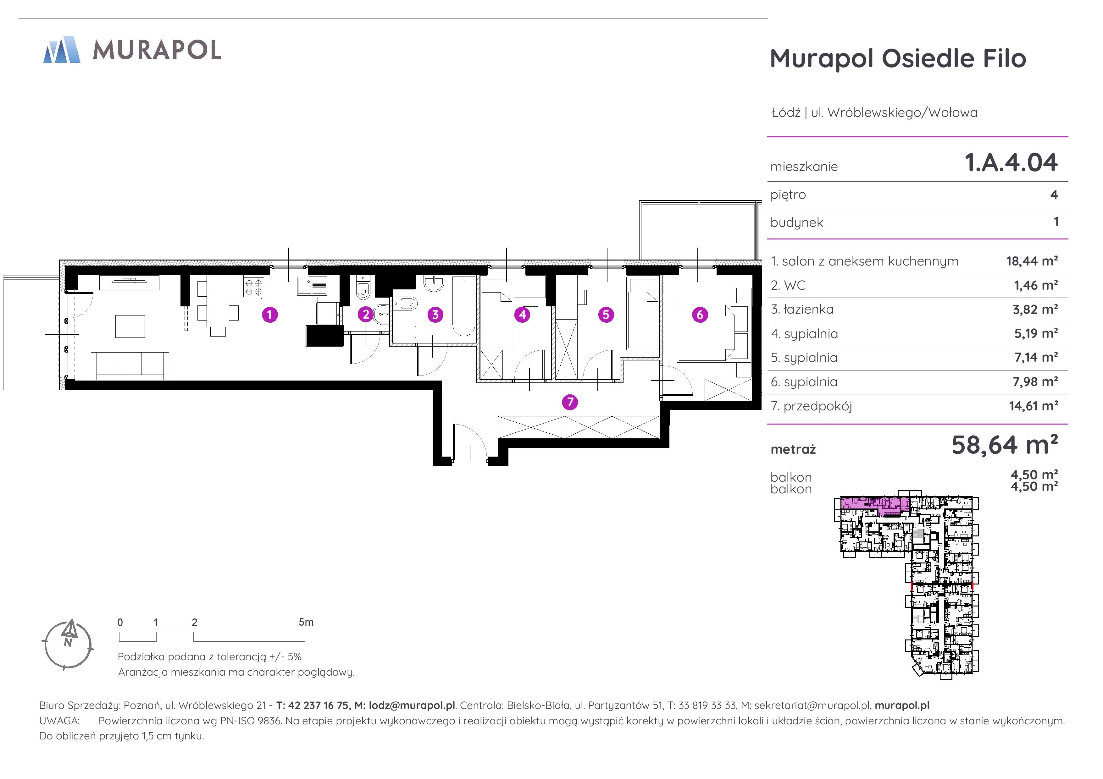 Mieszkanie 58,64 m², piętro 4, oferta nr 1.A.4.04, Murapol Osiedle Filo, Łódź, Polesie, Stare Polesie, ul. Wołowa