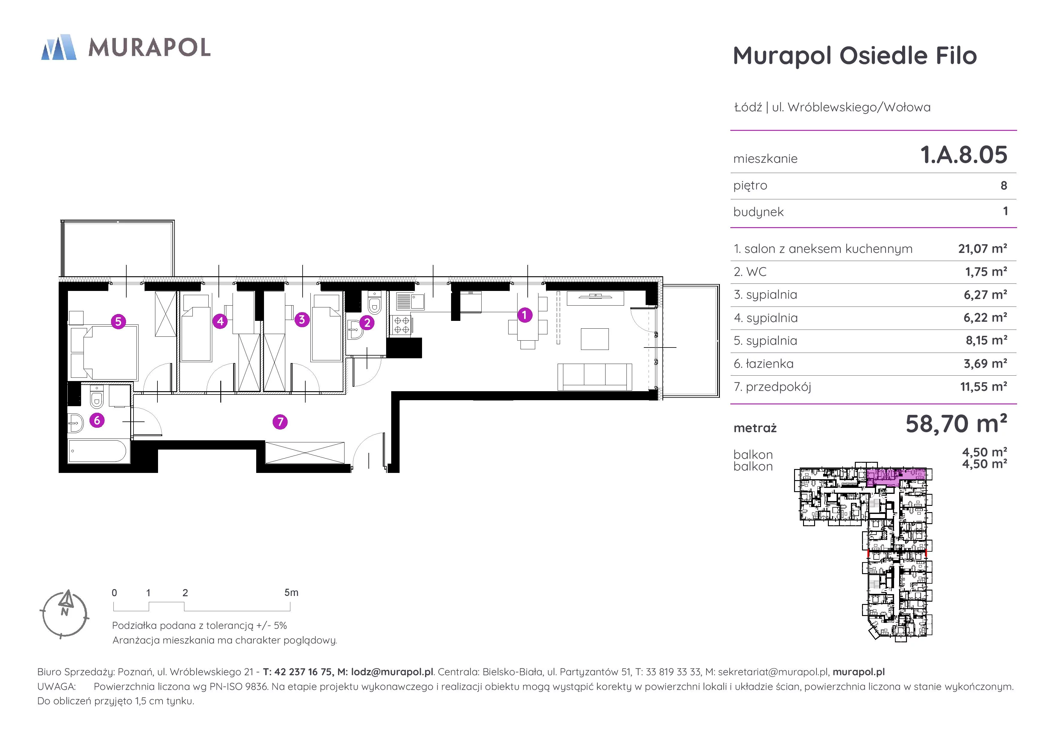 Mieszkanie 58,70 m², piętro 8, oferta nr 1.A.8.05, Murapol Osiedle Filo, Łódź, Polesie, Stare Polesie, ul. Wołowa