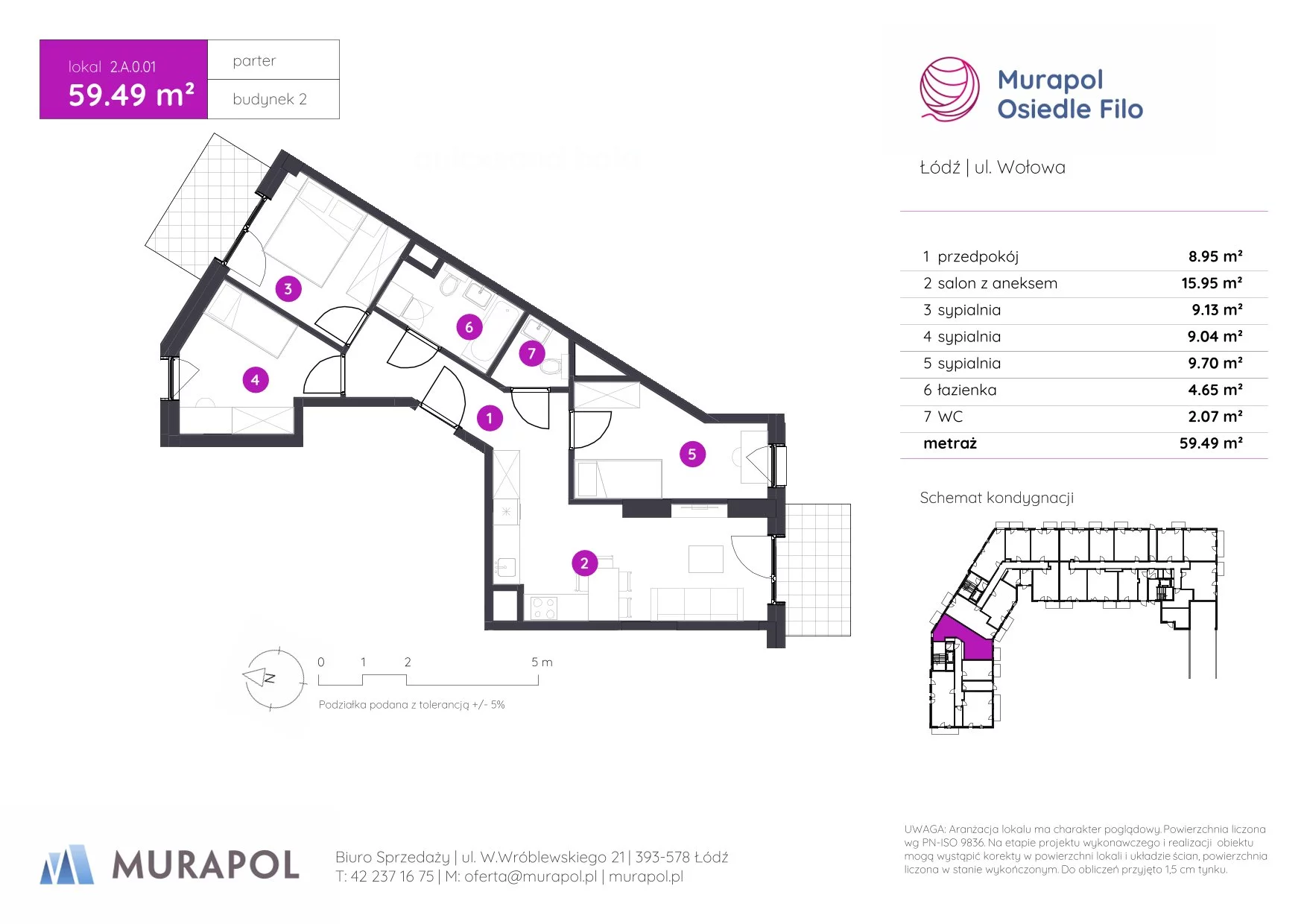 4 pokoje, mieszkanie 59,49 m², parter, oferta nr 2.A.0.01, Murapol Osiedle Filo, Łódź, Polesie, Stare Polesie, ul. Wołowa