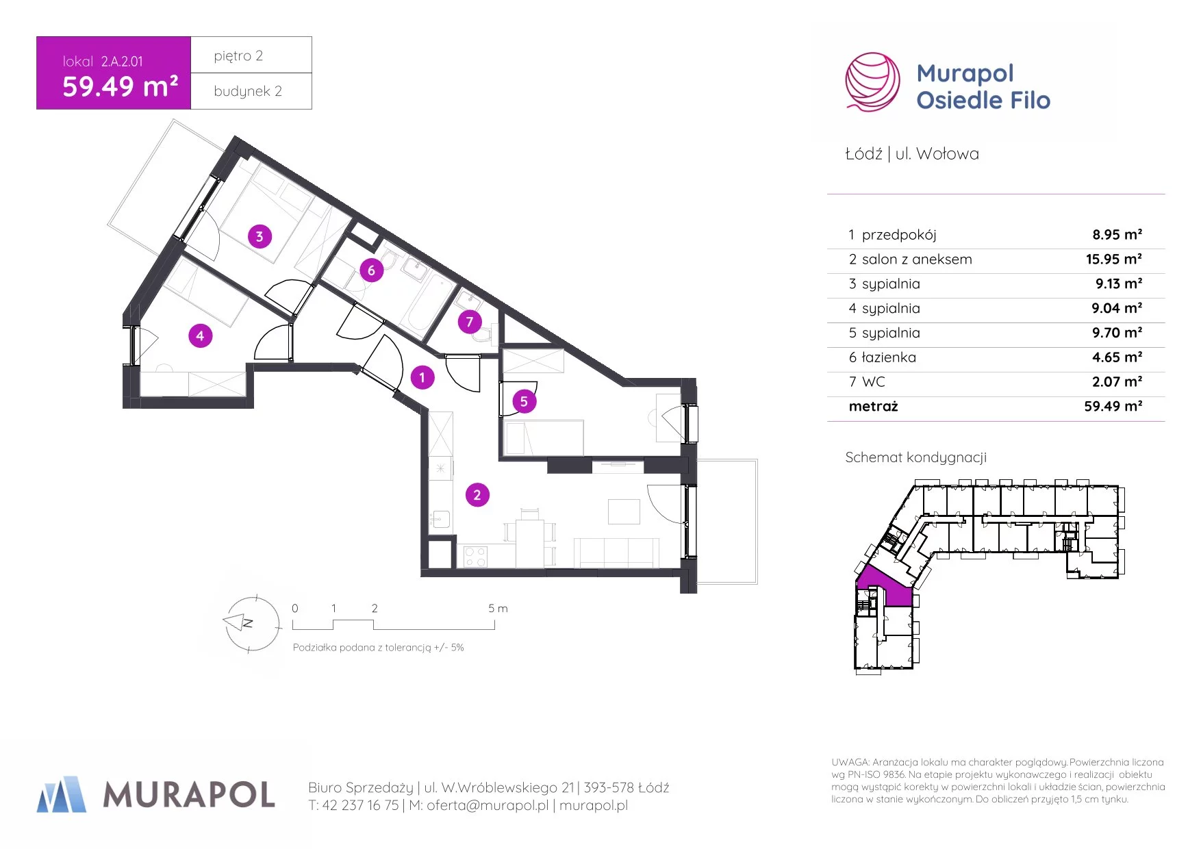 4 pokoje, mieszkanie 59,49 m², piętro 2, oferta nr 2.A.2.01, Murapol Osiedle Filo, Łódź, Polesie, Stare Polesie, ul. Wołowa