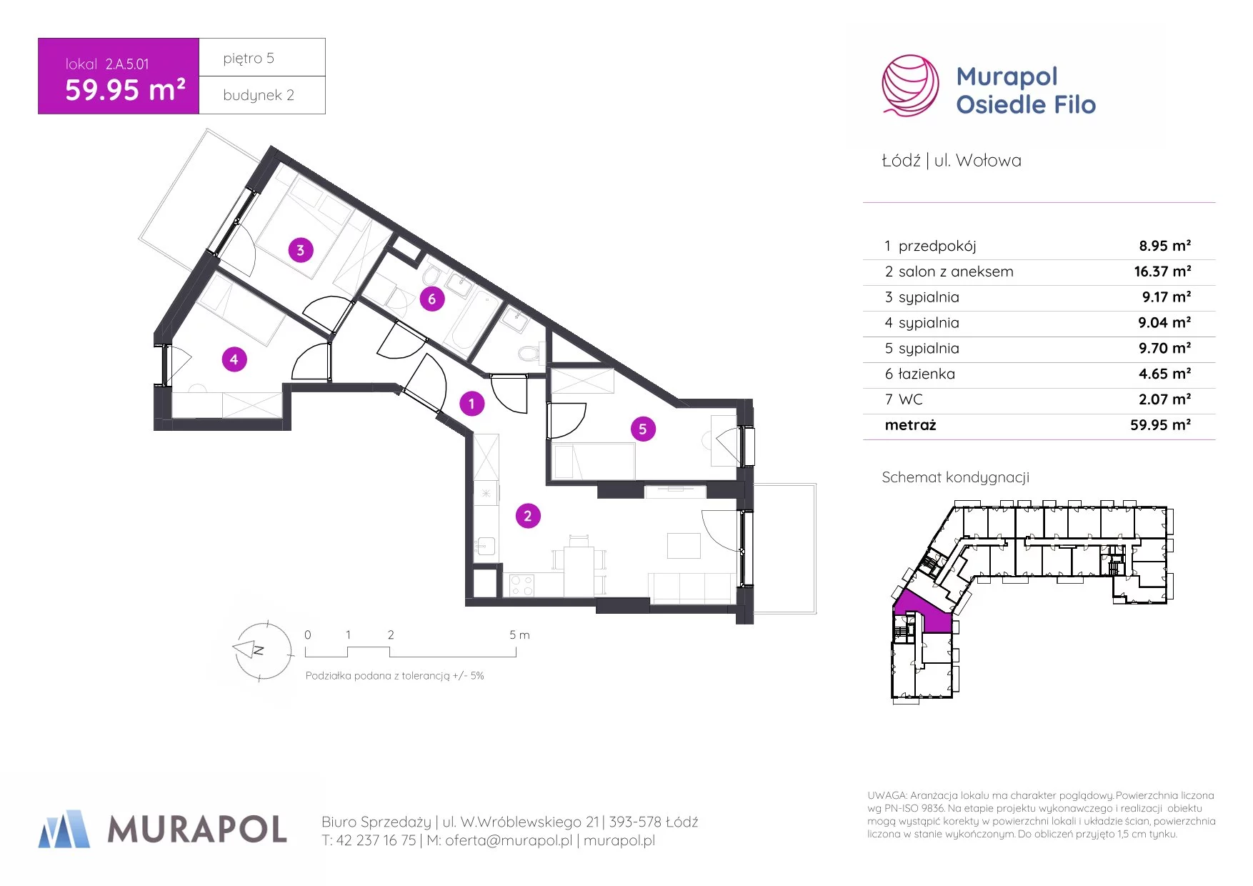 4 pokoje, mieszkanie 59,95 m², piętro 5, oferta nr 2.A.5.01, Murapol Osiedle Filo, Łódź, Polesie, Stare Polesie, ul. Wołowa
