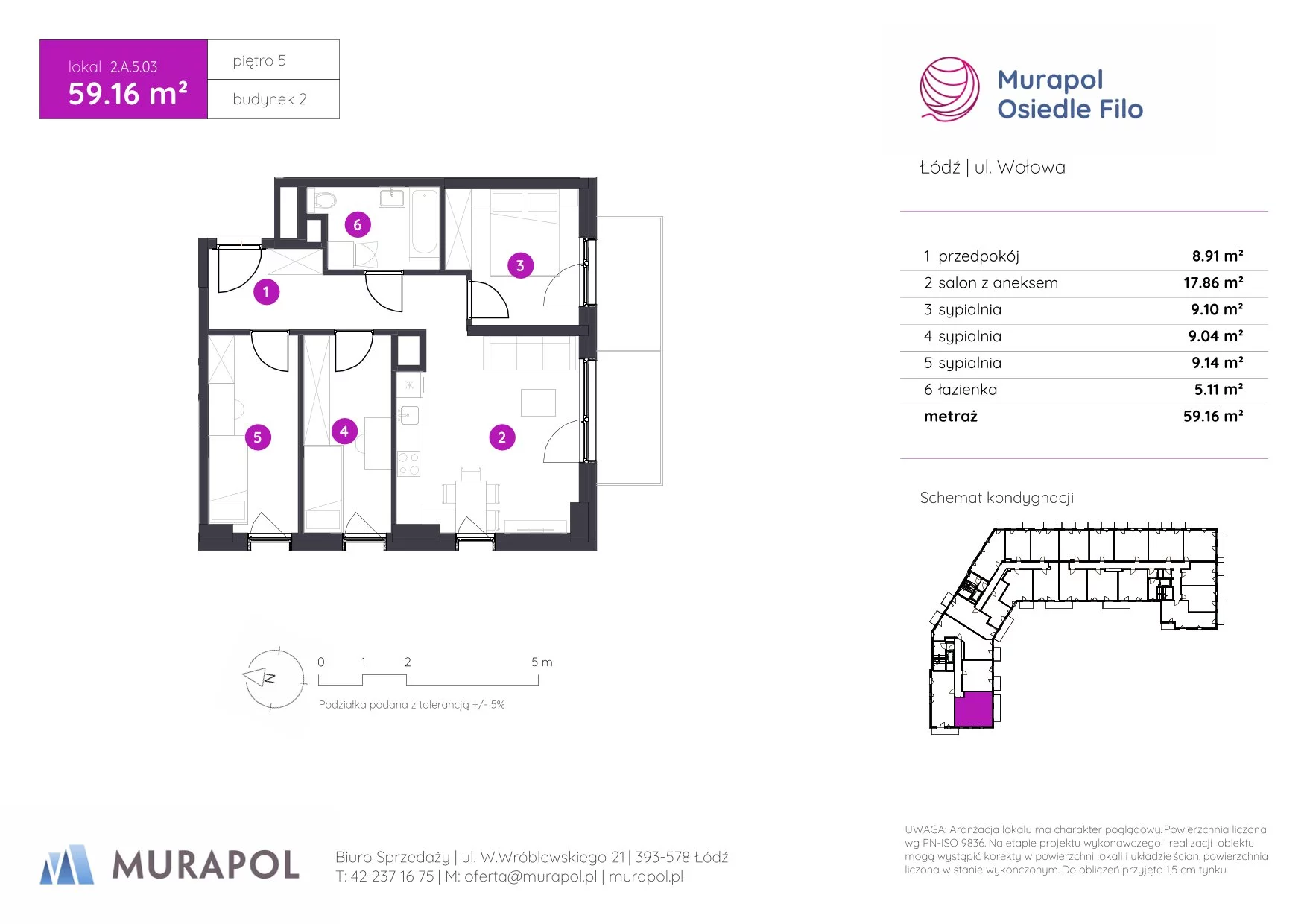 4 pokoje, mieszkanie 59,16 m², piętro 5, oferta nr 2.A.5.03, Murapol Osiedle Filo, Łódź, Polesie, Stare Polesie, ul. Wołowa