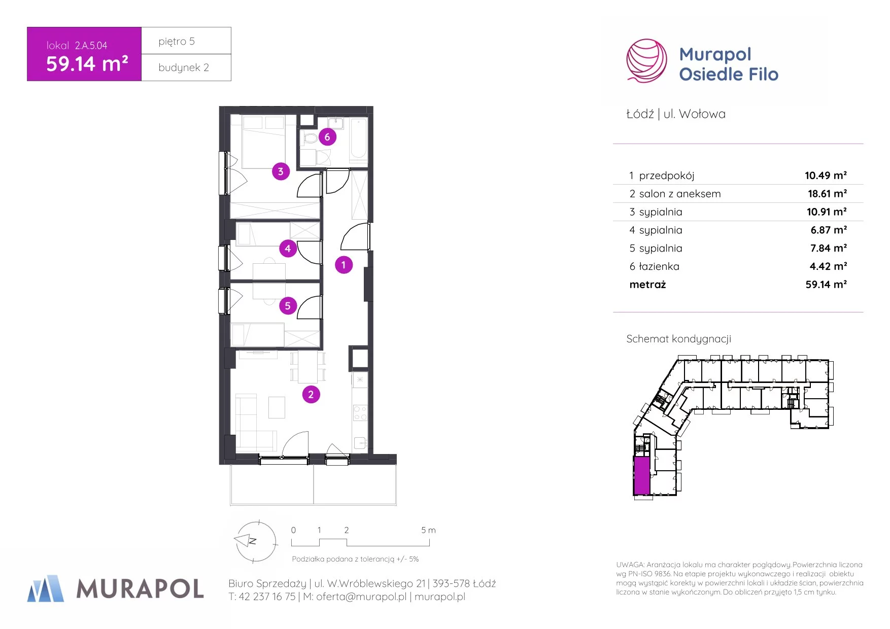4 pokoje, mieszkanie 59,14 m², piętro 5, oferta nr 2.A.5.04, Murapol Osiedle Filo, Łódź, Polesie, Stare Polesie, ul. Wołowa