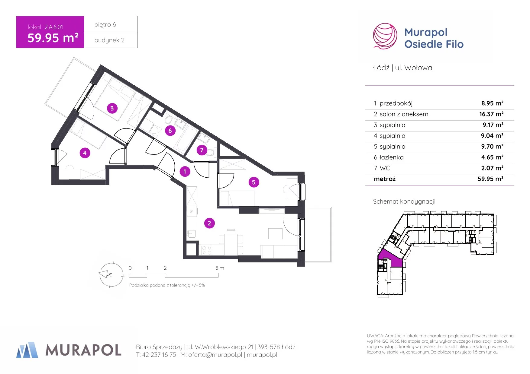 4 pokoje, mieszkanie 59,95 m², piętro 6, oferta nr 2.A.6.01, Murapol Osiedle Filo, Łódź, Polesie, Stare Polesie, ul. Wołowa