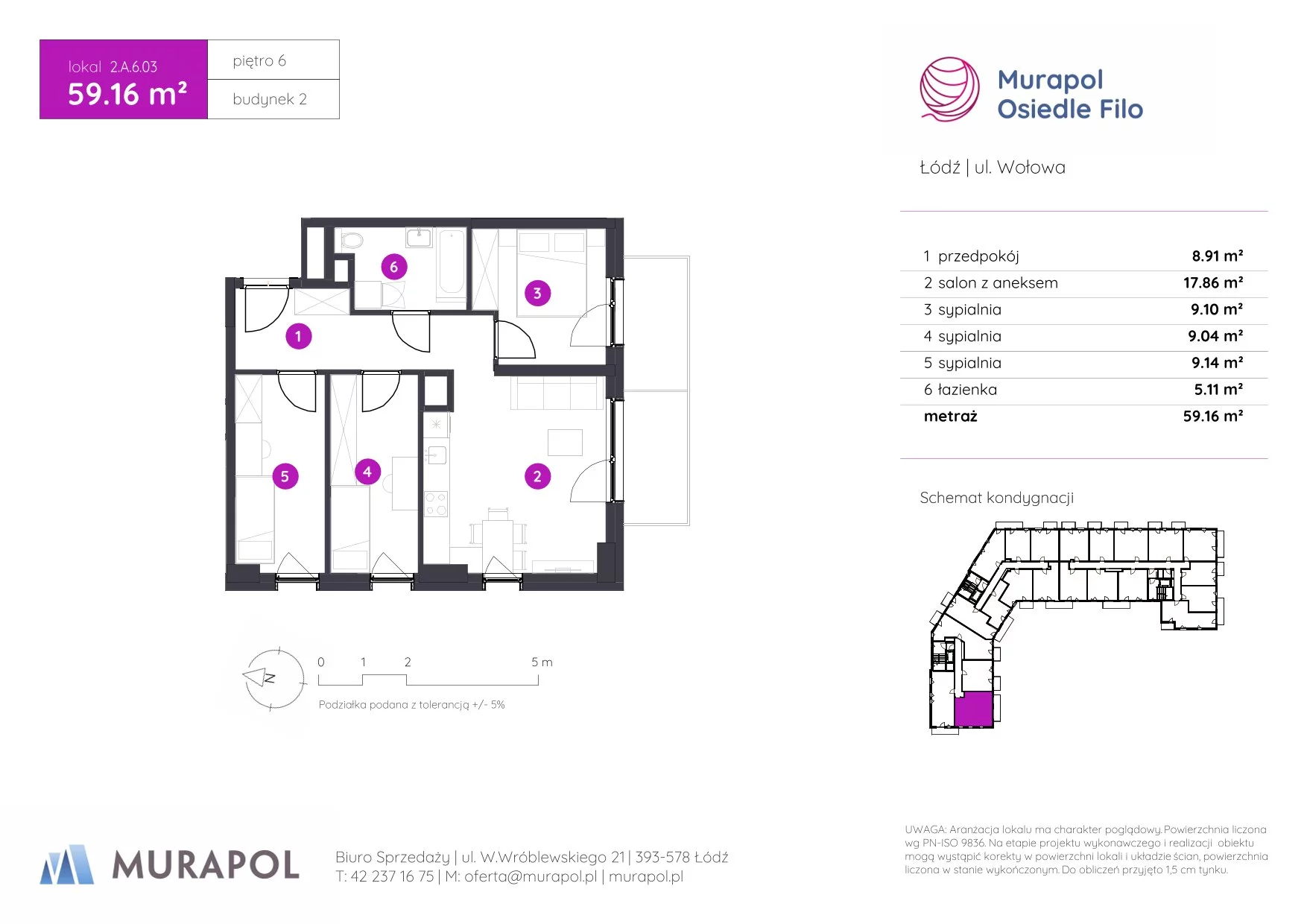 4 pokoje, mieszkanie 59,16 m², piętro 6, oferta nr 2.A.6.03, Murapol Osiedle Filo, Łódź, Polesie, Stare Polesie, ul. Wołowa