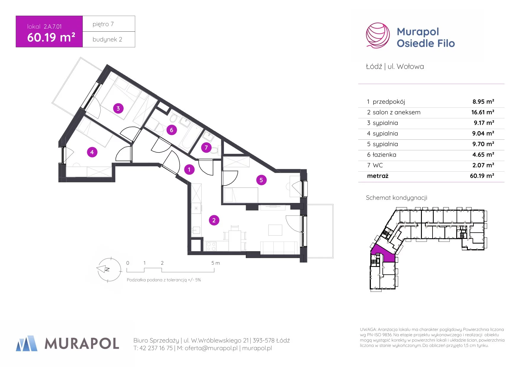 4 pokoje, mieszkanie 60,19 m², piętro 7, oferta nr 2.A.7.01, Murapol Osiedle Filo, Łódź, Polesie, Stare Polesie, ul. Wołowa