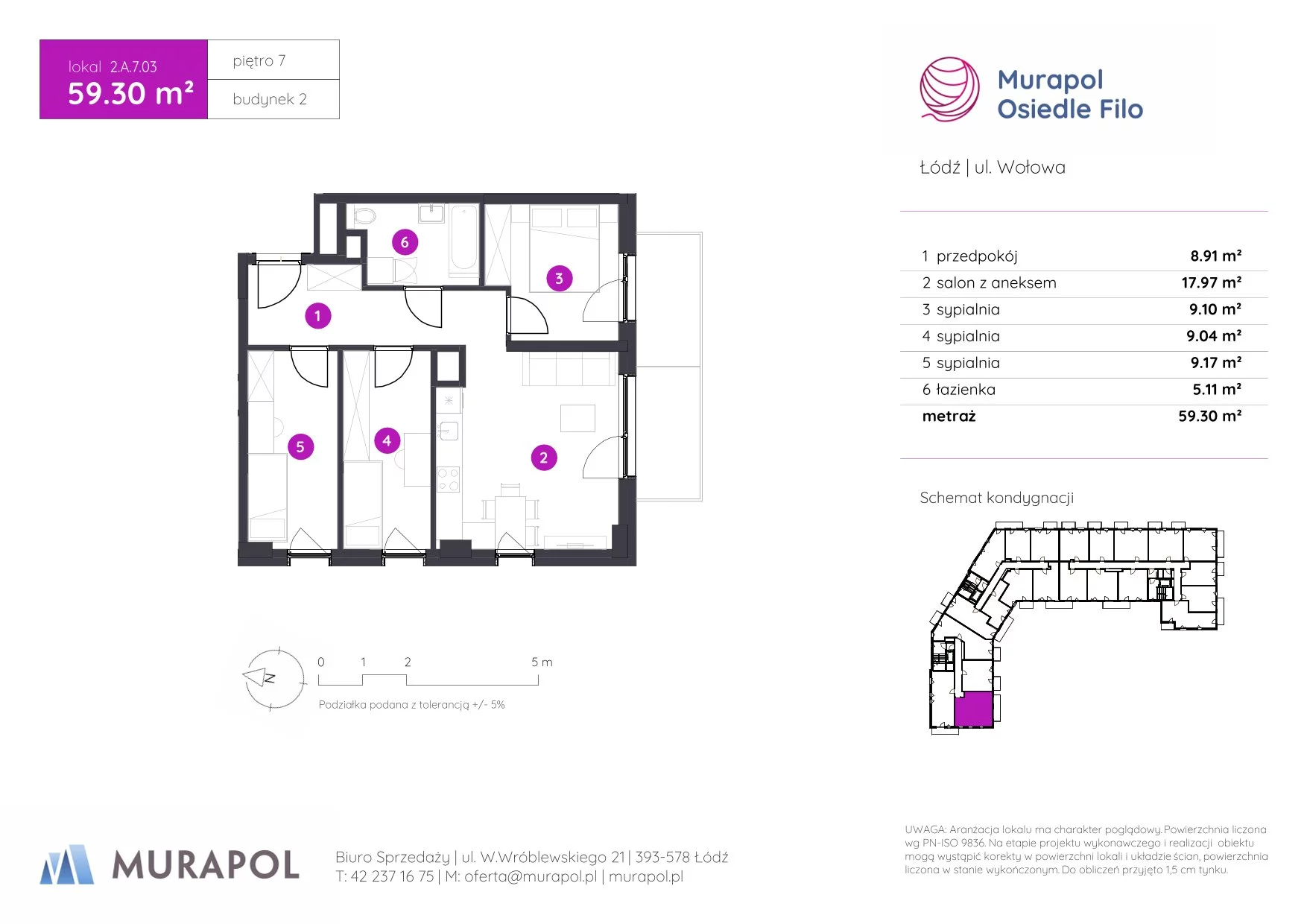 4 pokoje, mieszkanie 59,30 m², piętro 7, oferta nr 2.A.7.03, Murapol Osiedle Filo, Łódź, Polesie, Stare Polesie, ul. Wołowa