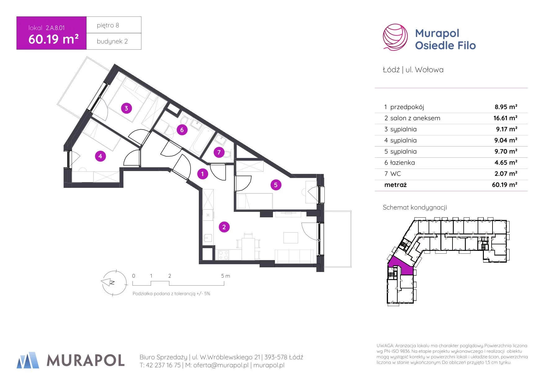 4 pokoje, mieszkanie 60,19 m², piętro 8, oferta nr 2.A.8.01, Murapol Osiedle Filo, Łódź, Polesie, Stare Polesie, ul. Wołowa
