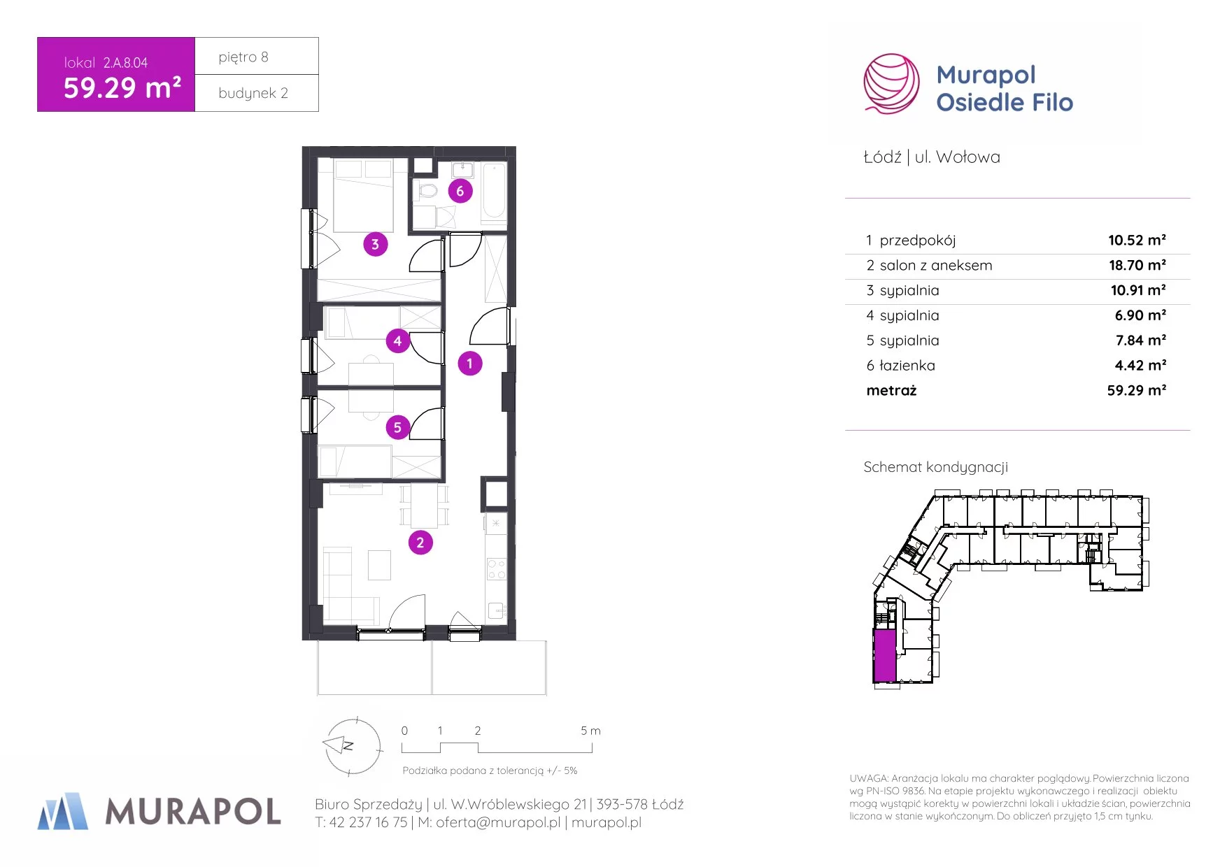 4 pokoje, mieszkanie 59,29 m², piętro 8, oferta nr 2.A.8.04, Murapol Osiedle Filo, Łódź, Polesie, Stare Polesie, ul. Wołowa