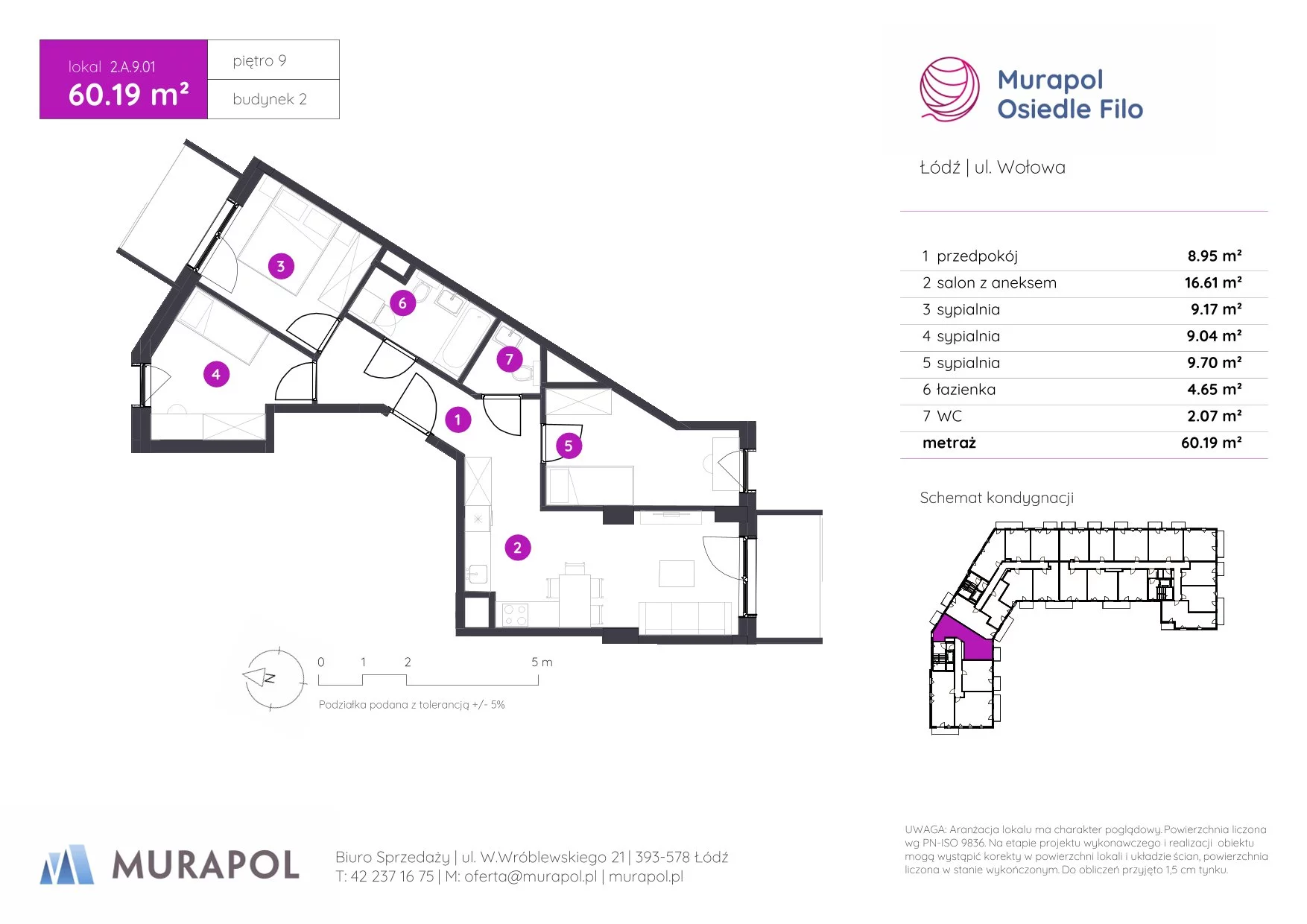 4 pokoje, mieszkanie 60,19 m², piętro 9, oferta nr 2.A.9.01, Murapol Osiedle Filo, Łódź, Polesie, Stare Polesie, ul. Wołowa