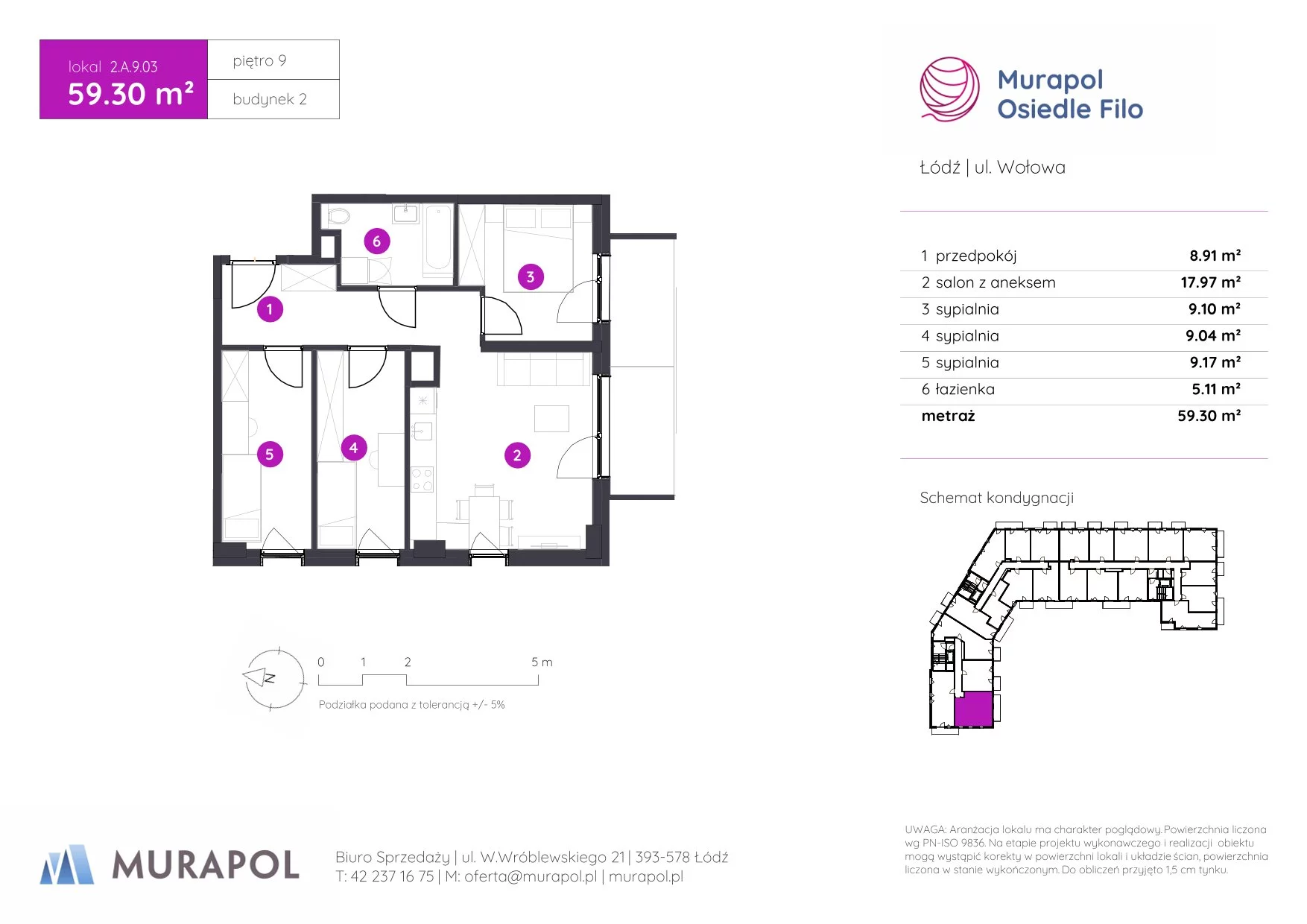 4 pokoje, mieszkanie 59,30 m², piętro 9, oferta nr 2.A.9.03, Murapol Osiedle Filo, Łódź, Polesie, Stare Polesie, ul. Wołowa