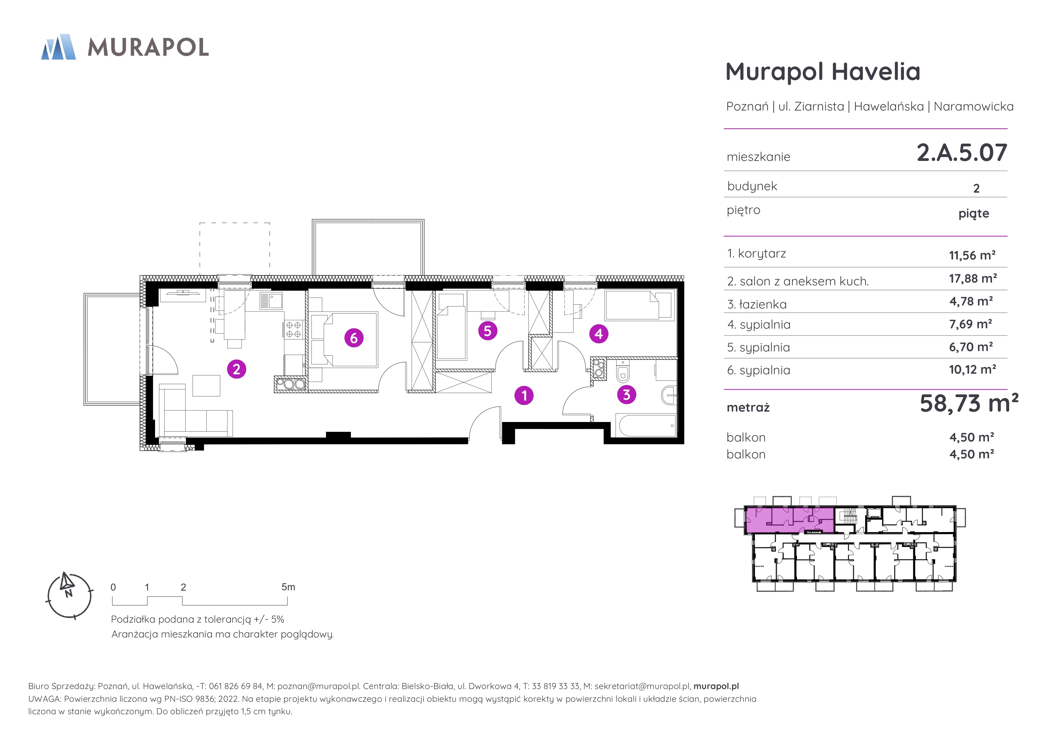 4 pokoje, mieszkanie 58,73 m², piętro 5, oferta nr 2.A.5.07, Murapol Havelia, Poznań, Winogrady, Stare Winogrady, ul. Ziarnista / Naramowicka